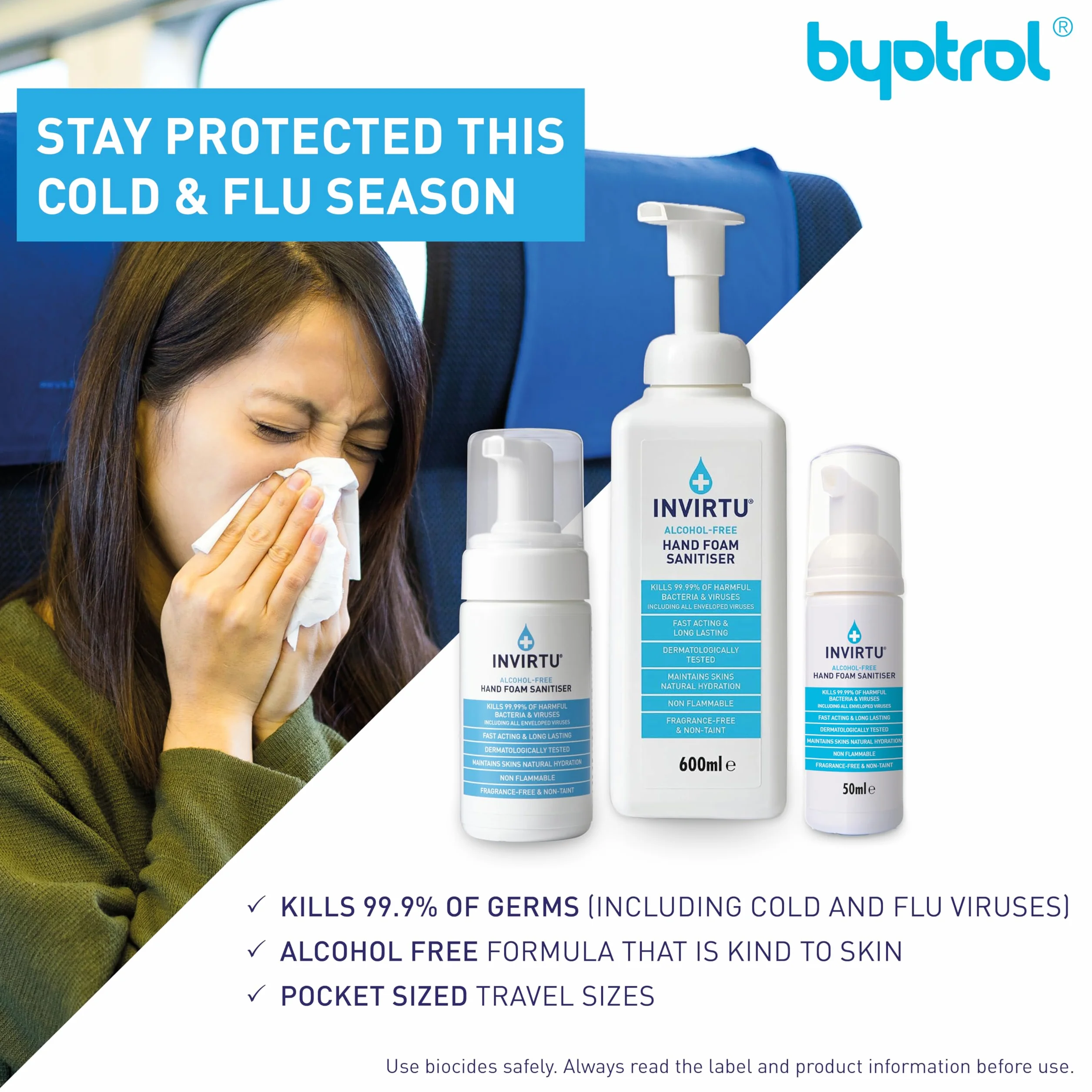 Byotrol INVIRTU, disinfettante per le mani senza alcool, senza profumo, senza alcol e non macchia, flacone da 600 ml