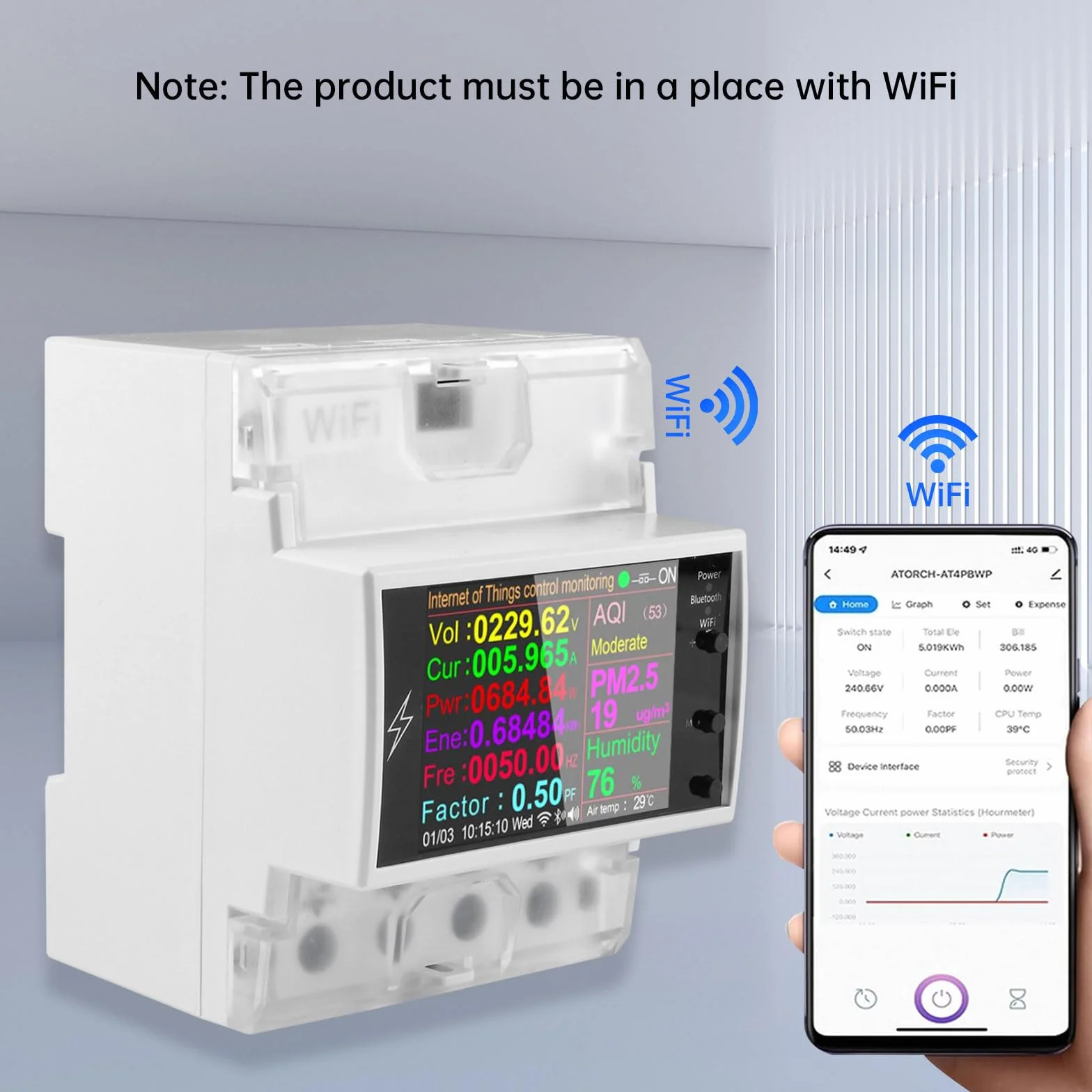 Diymore Misuratore di Energia 100A WiFi Din Rail Telecomando per interruttore intelligente,Monitor del consumo di energia digitale,Misuratore di fattore di frequenza AC85-265V Digital Volt Amp Kwh