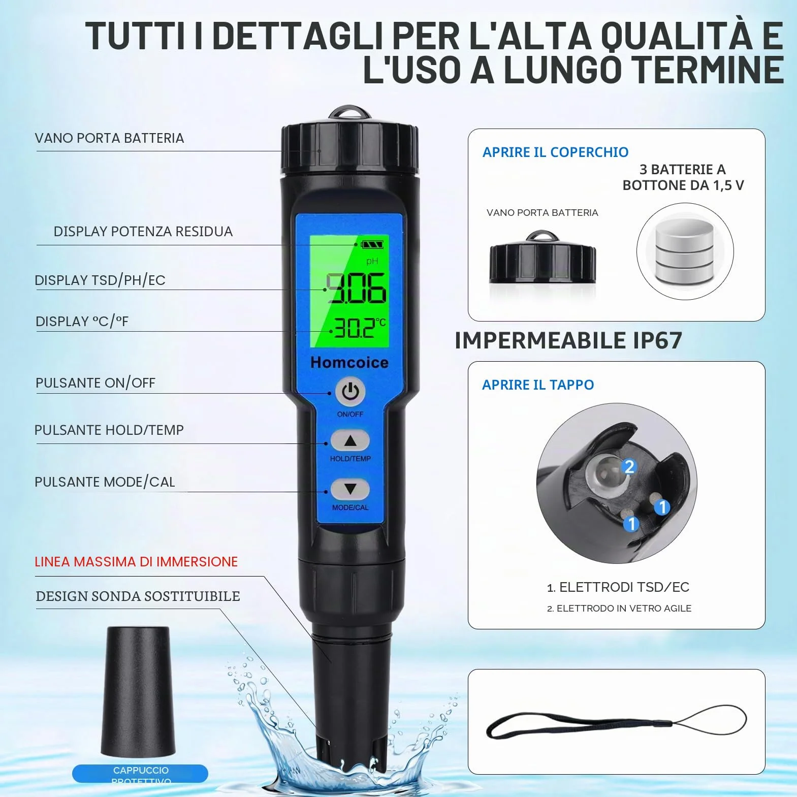 Misuratore PH 4 in 1, PH TDS EC Temperatura Meter con precisione da Laboratorio 0,01 PH, compensazione Automatica Temperatura, Tester qualità Acqua IP67 Impermeabile per Piscine, idrocoltura