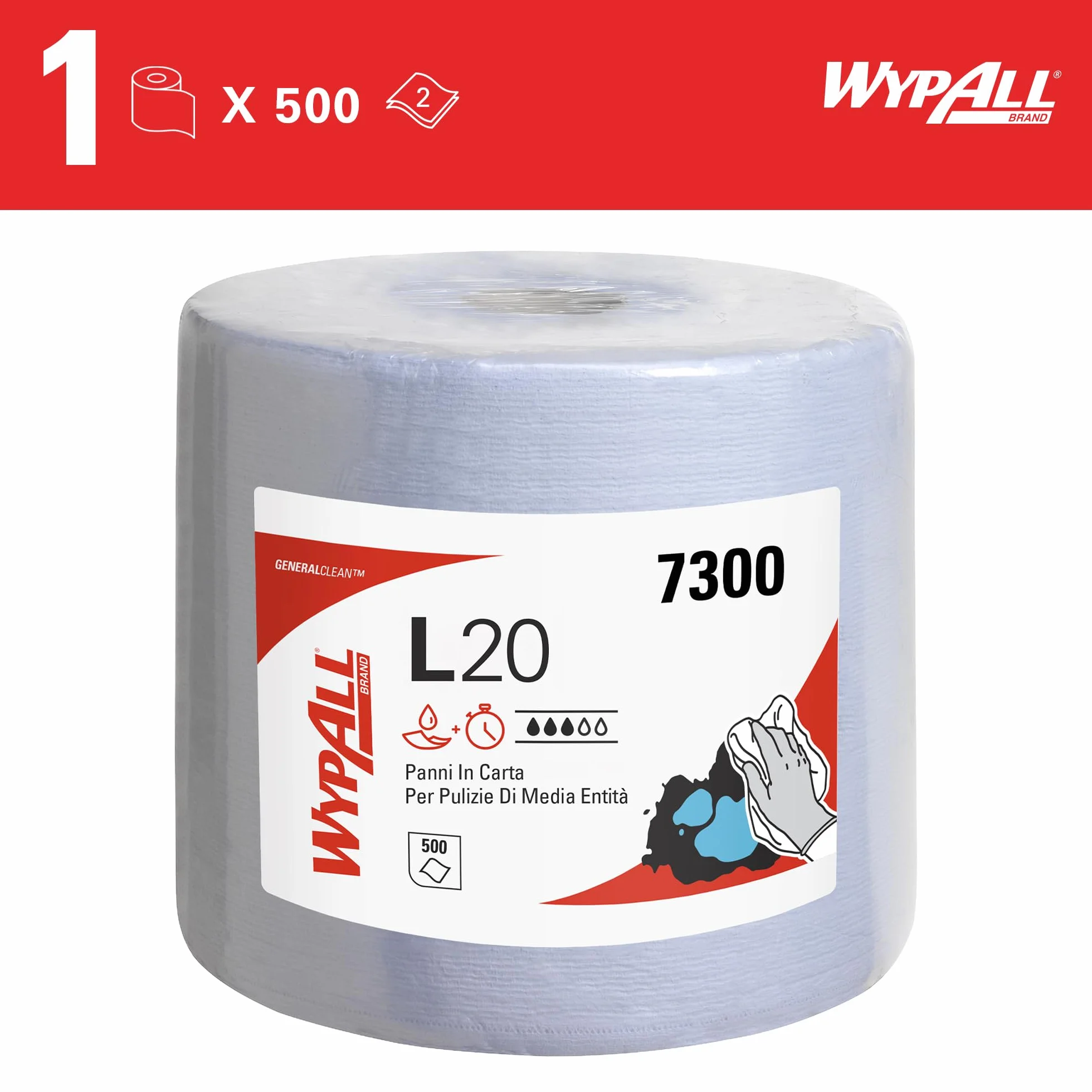 WypAll L20 Maxi Rotolo Panni Carta 7300, 2 Veli, Blu, 500 Fogli, Biodegradabili, Certificato Contatto Alimentare