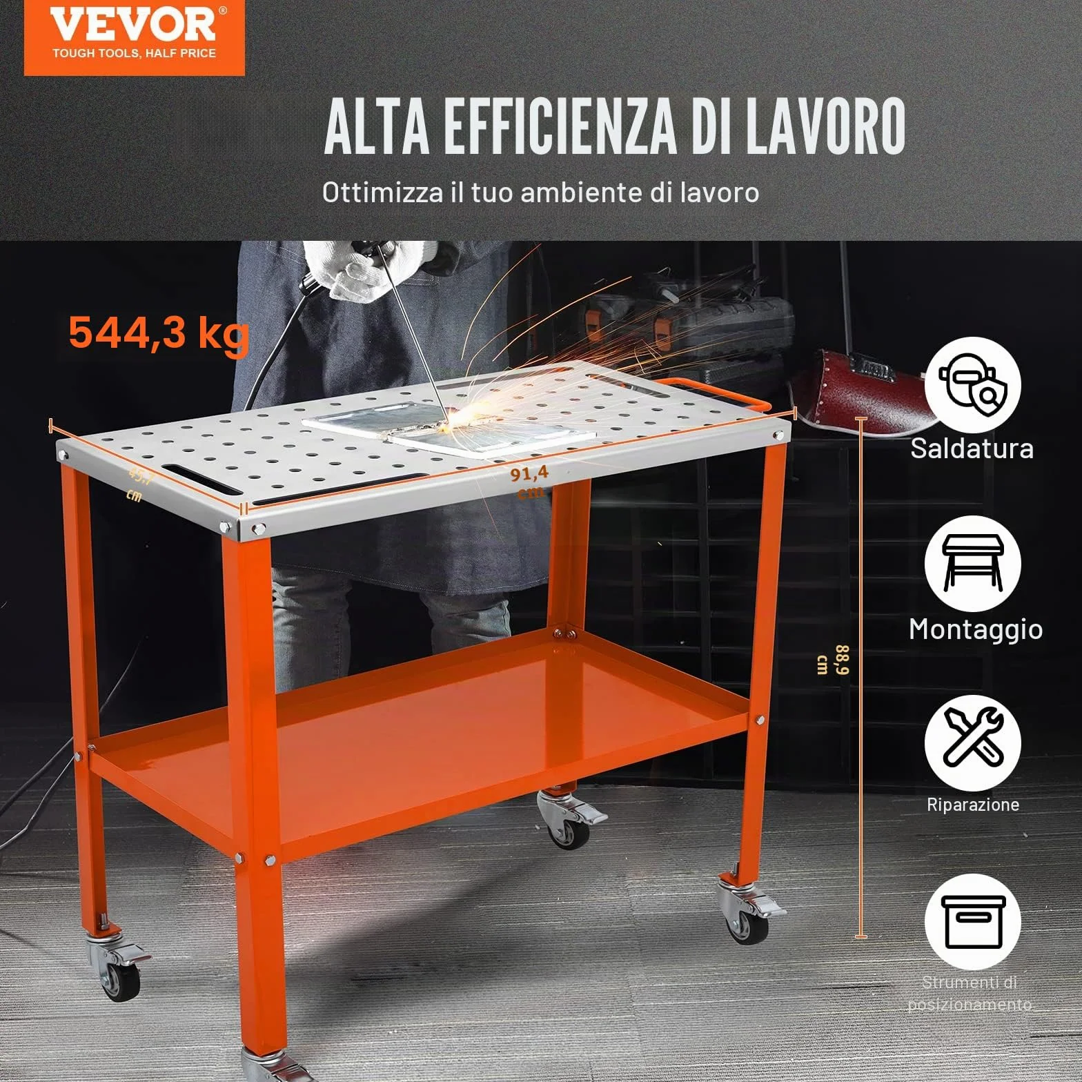 VEVOR Tavolo da Saldatura Lavoro Saldatore in Acciaio al Carbonio Capacità Carico Max. 544kg, Banco di Lavoro per Saldatura 91,4 x 45,7 cm da Officina Garage, Tavolo da Saldatura 94 Fori Portautensili