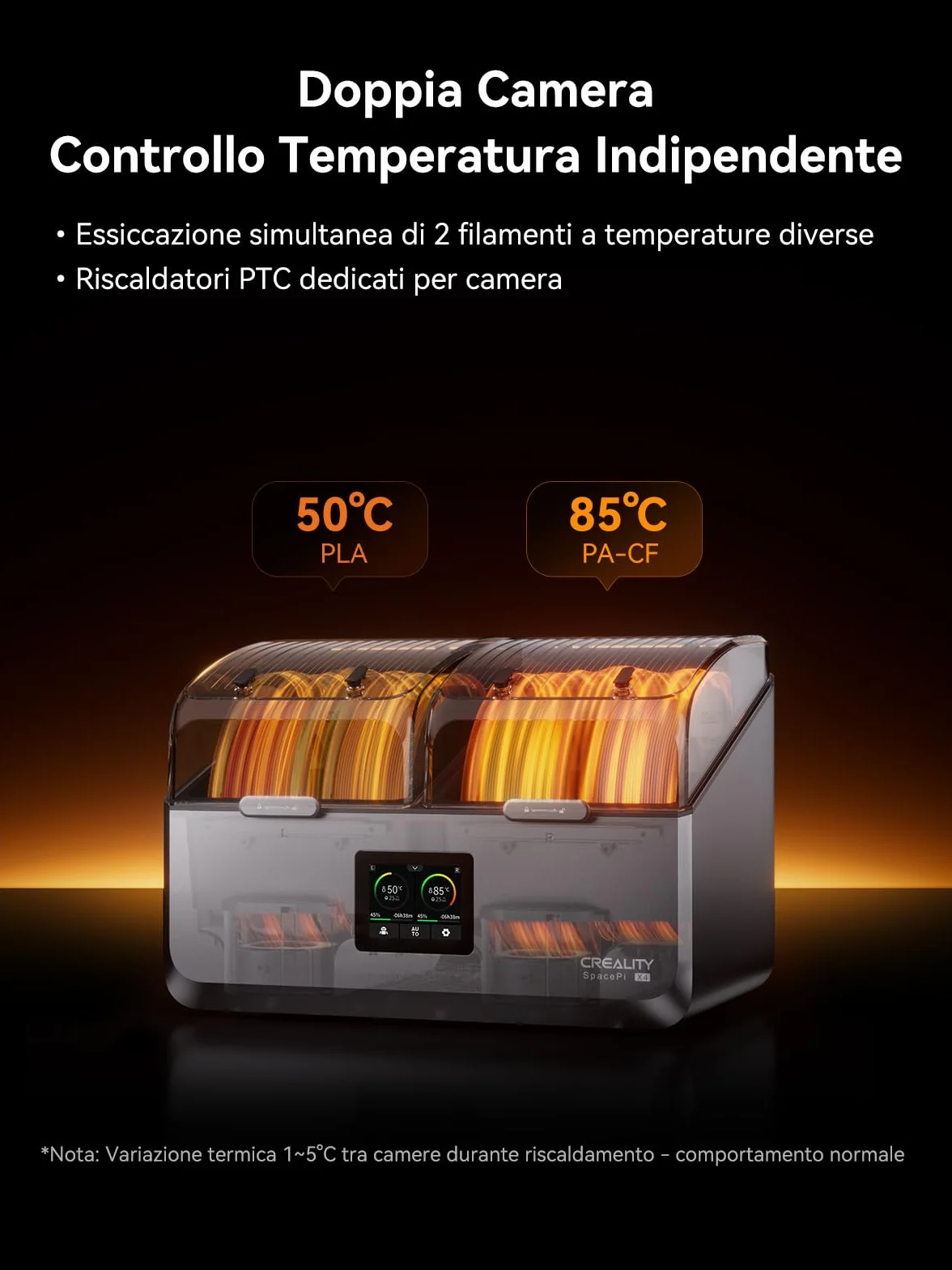 Creality Space Pi X4 Filament Dryer, 4 Bobine & Doppia Camera Riscaldante, 200W PTC (85°C), 360° Riscaldamento, Essiccazione Rapida, Stoccaggio Anti-Umidità per PLA PETG TPU ABS 1,75/2,85 mm