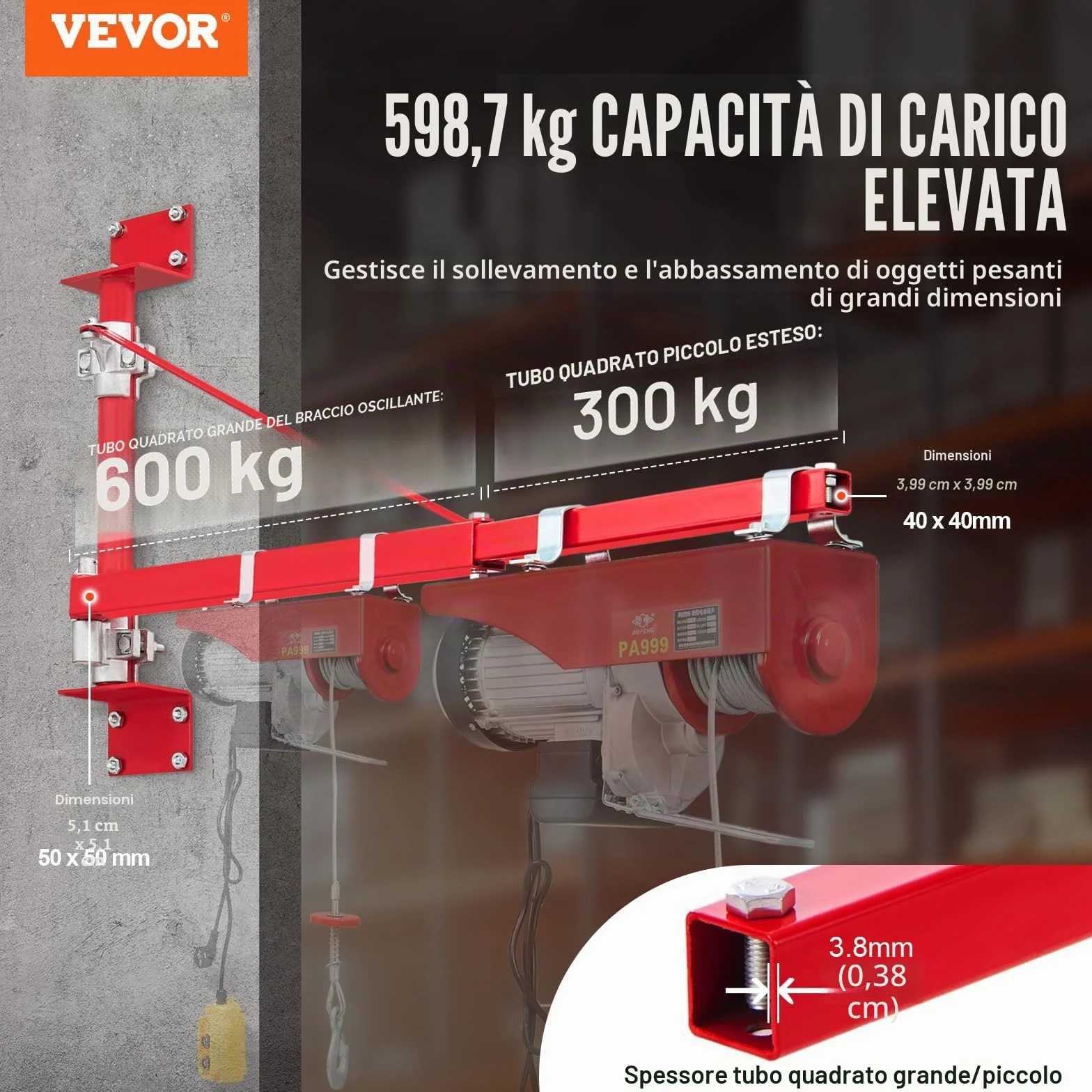 VEVOR Braccio Supporto per Paranco Elettrico, Capacità Carico 600 kg, Braccio di Supporto per Paranco Girevole con Asta, Telaio di Sollevamento in Acciaio a 180° per Officina, Garage
