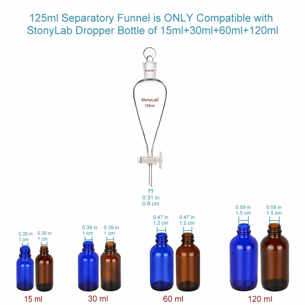 stonylab 125ml Imbuto Separatore con Rubinetto di Arresto in Vetro, Imbuto Laboratorio Conico a Forma di Pera con Parete Pesante in Vetro Borosilicato con Giunto 24/29, Separatory Funnel