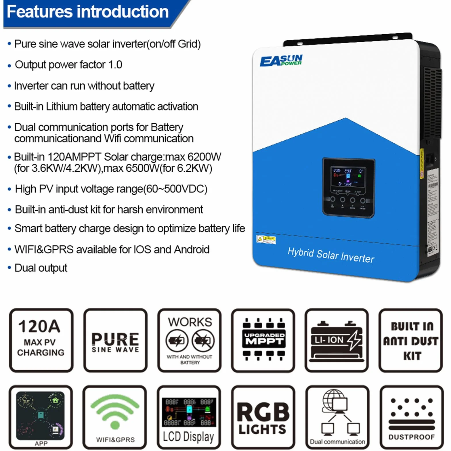 POWLAND 6200W Inverter ibrido da 48Vdc a AC 230V con modulo WiFi 2 uscite AC Larghezza PV 60-500VDC Off Grid Pure Sine Wave Solar Inverter 120A MPPT Per batterie al piombo e al litio