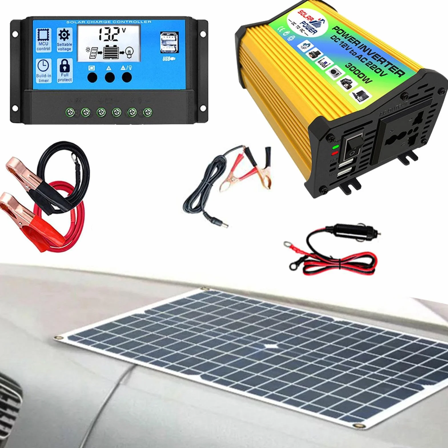 Kit solare | di pannelli solari | Installazione solare domestica | Controller e inverter per pannelli solari, kit inverter solare 3000w Porte USB Inverter solare con controller