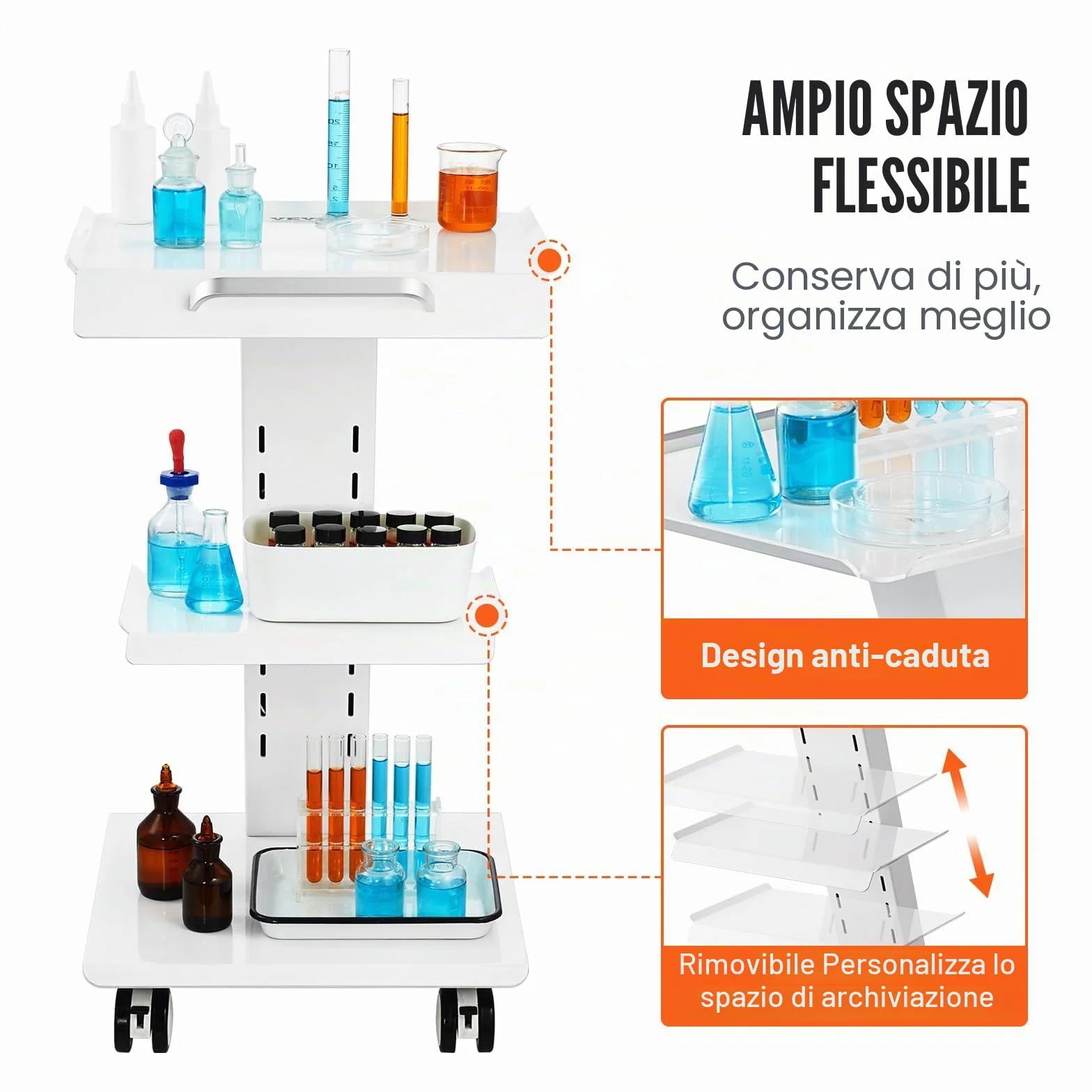 VEVOR Carrello da laboratorio 3 strati con presa integrata ruote girevoli portata 100 kg