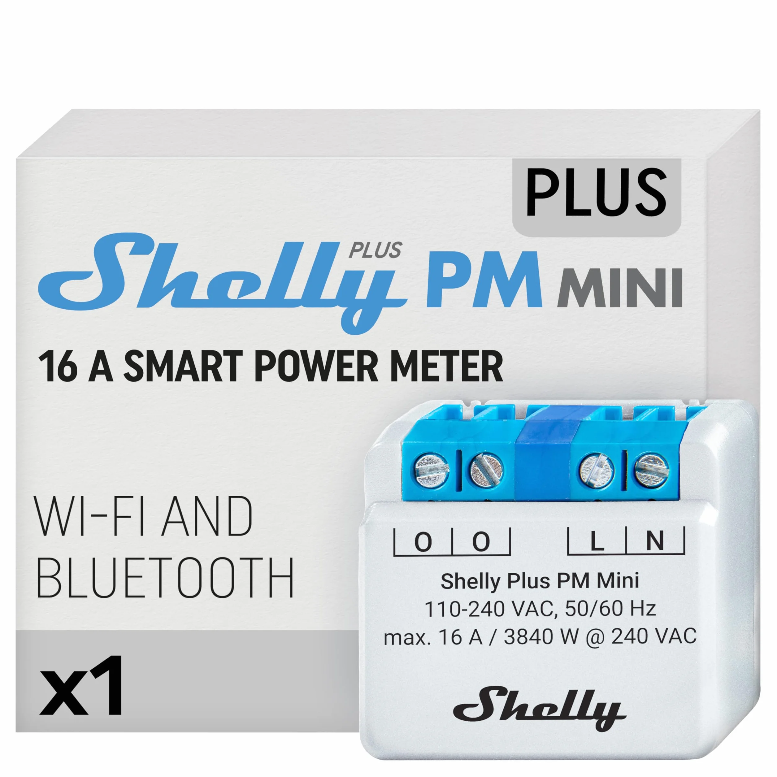 Shelly Plus PM Mini Pack Singolo, Relè Wi-Fi e Bluetooth, Monitoraggio dei Consumi, Misurazione Potenza di Elettrodomestici e Dispositivi Elettronici, Assistente Vocale Google e Alexa, Grigio