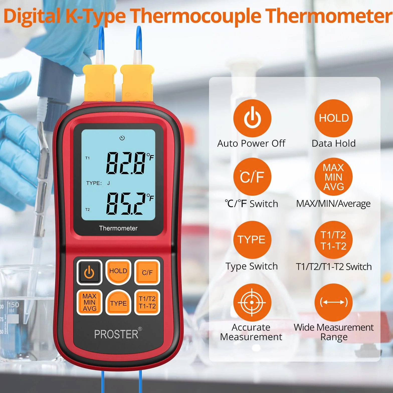 Proster Termometro Digitale a Doppio Canale con Due Termocoppie di Tipo K LCD Retroilluminato -200~1372°C