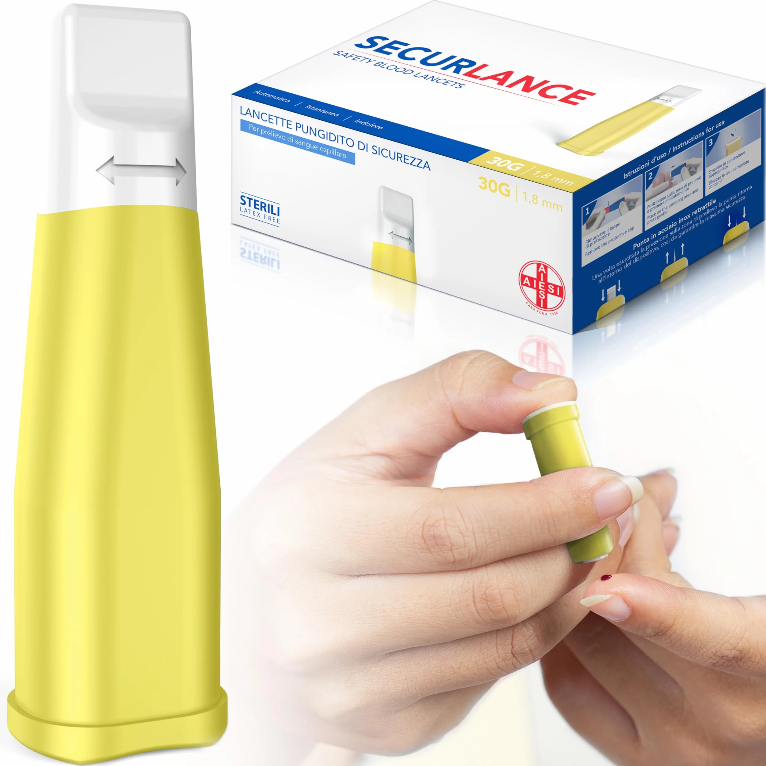 AIESI® Lancette pungidito per glicemia 30G (100 pezzi) sterili con sistema di sicurezza e punta in acciaio inox retrattile SECURLANCE