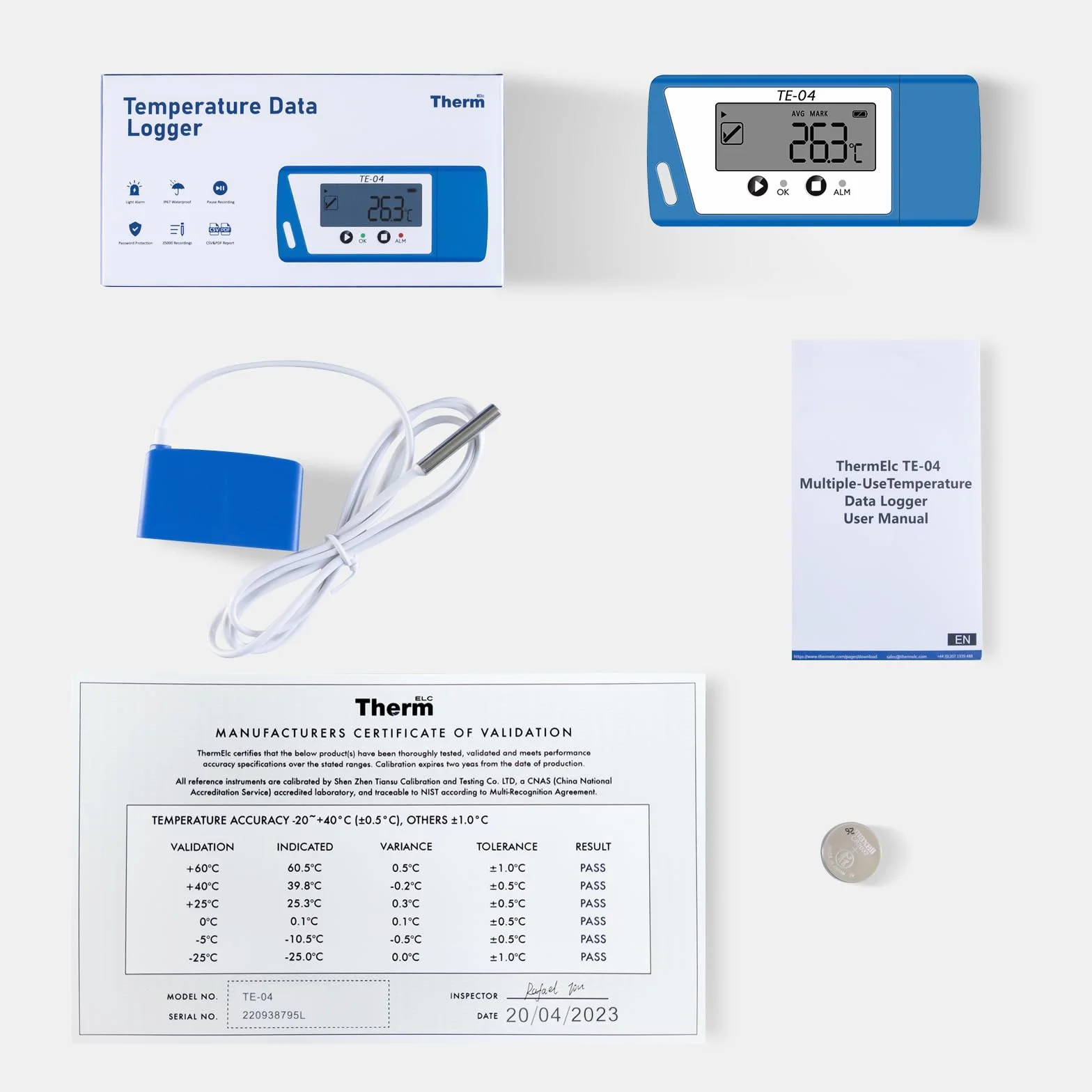ThermElc TE-04 ET Data Logger Temperatura Catena Freddo Trasporto Farmaceutico Doppio Sensore Interno Esterno