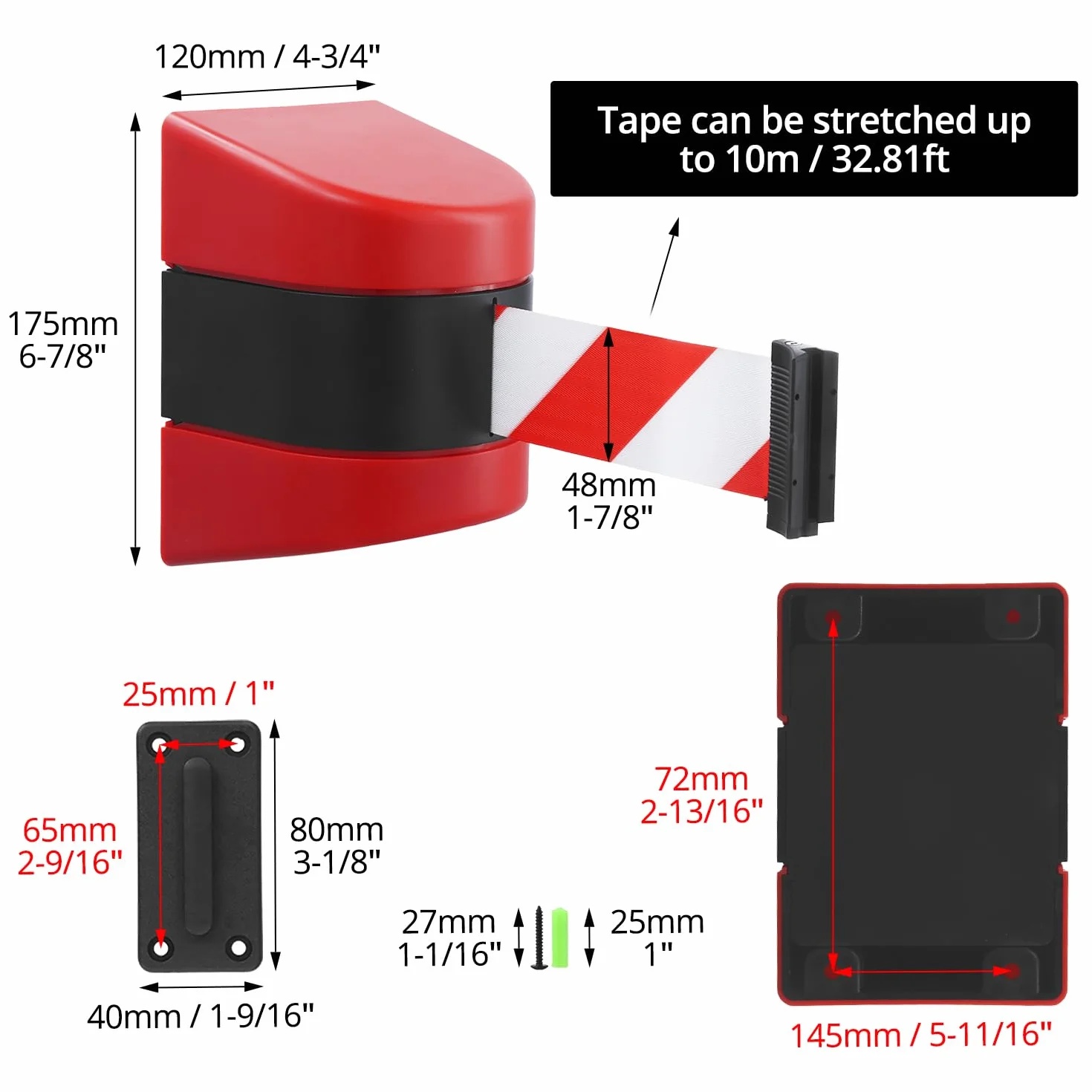 QWORK® Barriera a nastro retrattile da 10 m - rosso/bianco - alloggiamento a parete in plastica ABS - funzione di bloccaggio - per il controllo della folla durante gli eventi