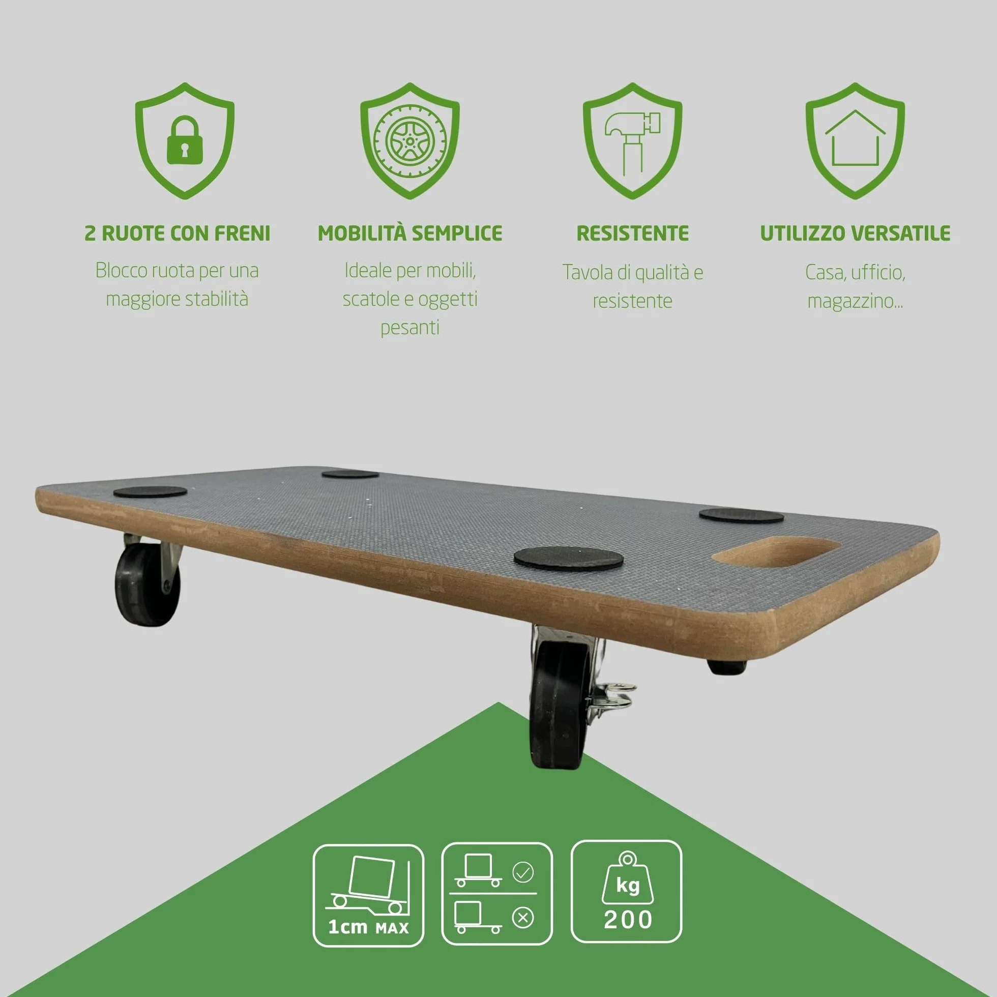 Amig - Piattaforma di Carico con Ruote | Supporto Rotante Rettangolare | 4 tappetini antiscivolo | 58 x 29 cm | Carico Max.: 200 kg | 4 Ruote: 2 con Freno | MDF | Certificato FSC | Nero