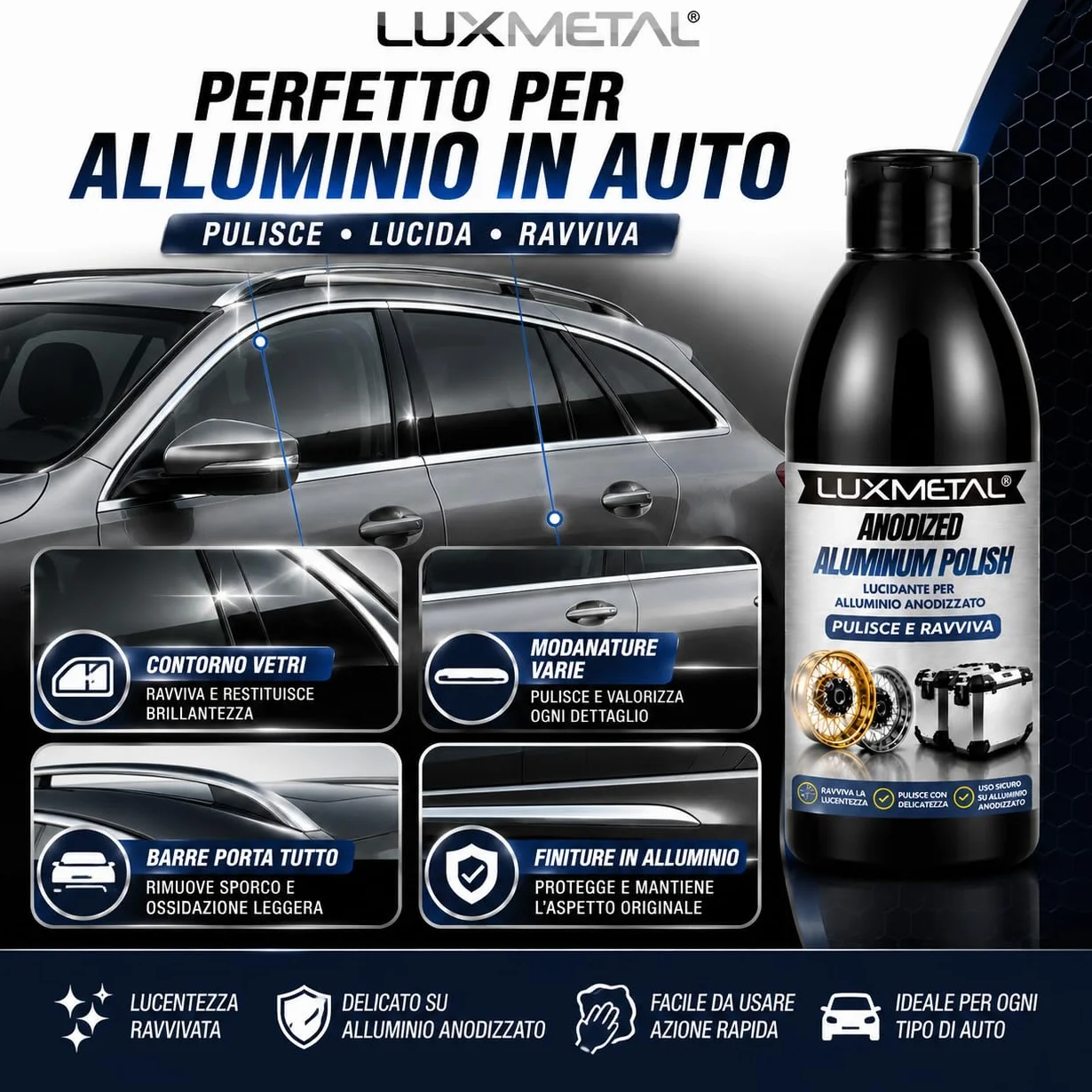 Anodized Aluminum Polish 250 gr, Lucidante per Alluminio Anodizzato, Pulisce e Ravviva Cerchi BMW GS Auto Moto Ruote Valigie e Bauli in Alluminio Azione Delicata