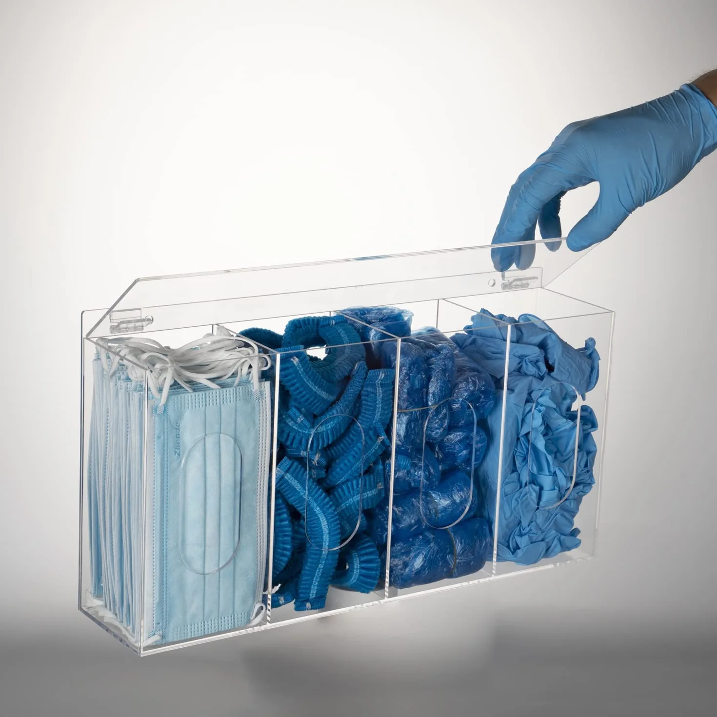 SEANADO Dispenser per retina per capelli e copriscarpe usa e getta per maschera in acrilico, 4 contenitori in plastica, trasparente, supporto per montaggio a parete, strumento igienico per