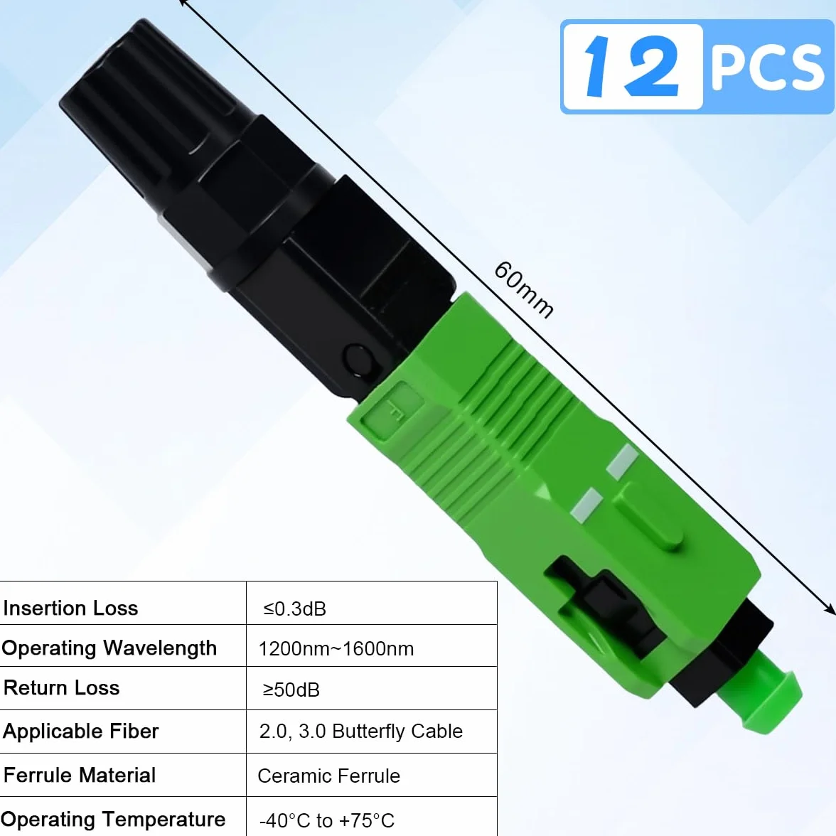 12 Pz Connettore Rapido per Fibra Ottica SC APC,Connettore Rapido in Fibra con Filo di Cuoio Incorporato,Connettori a Freddo Veloci in Fibra Ottica SC/APC per Rete CATV