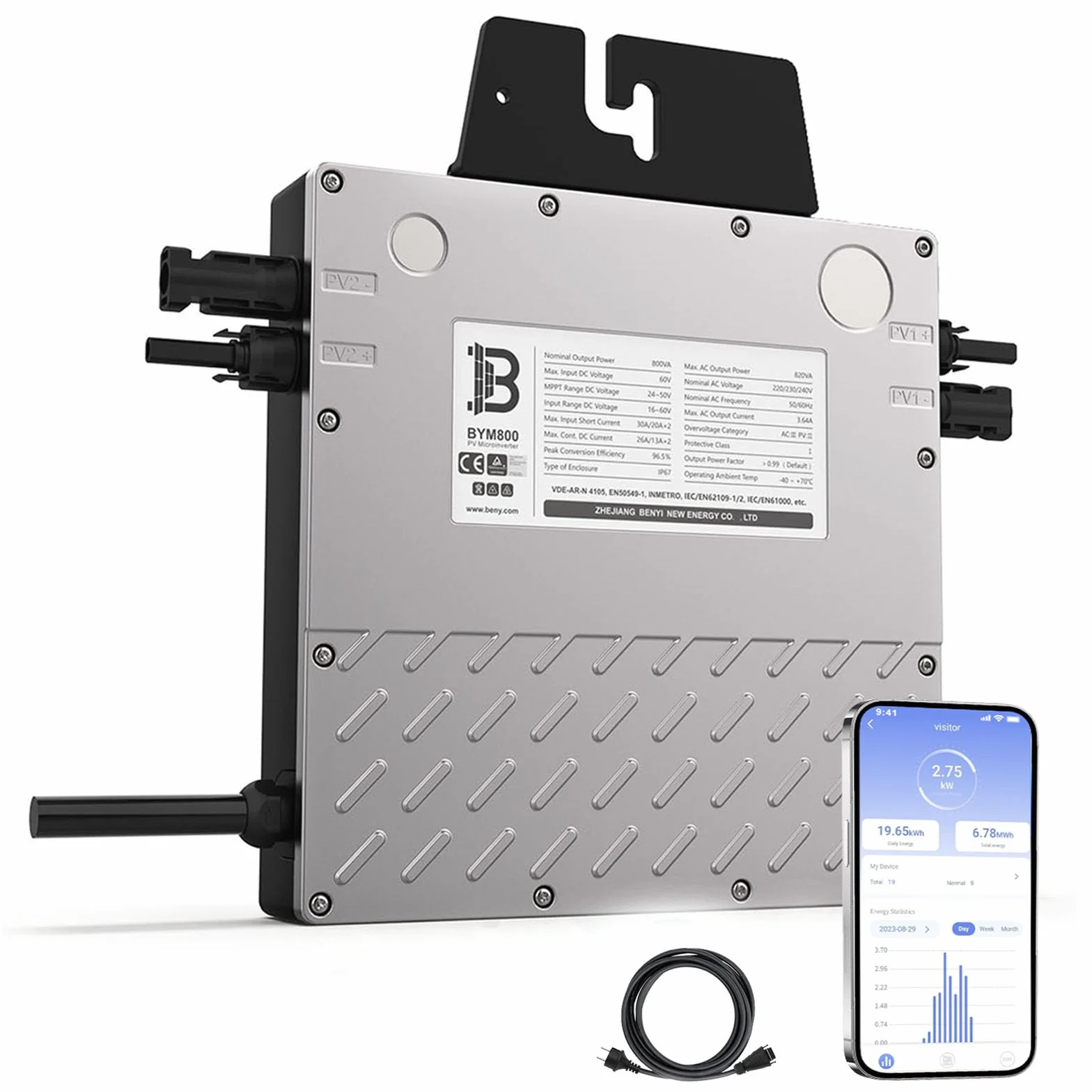BENY Micro Inverter 800W- Inverter Grid Tie con WLAN, controllo APP- Inverter da 800W a 600W regolabile- IP67 impermeabile- Cavo di connessione lungo 5M- Plug and Play
