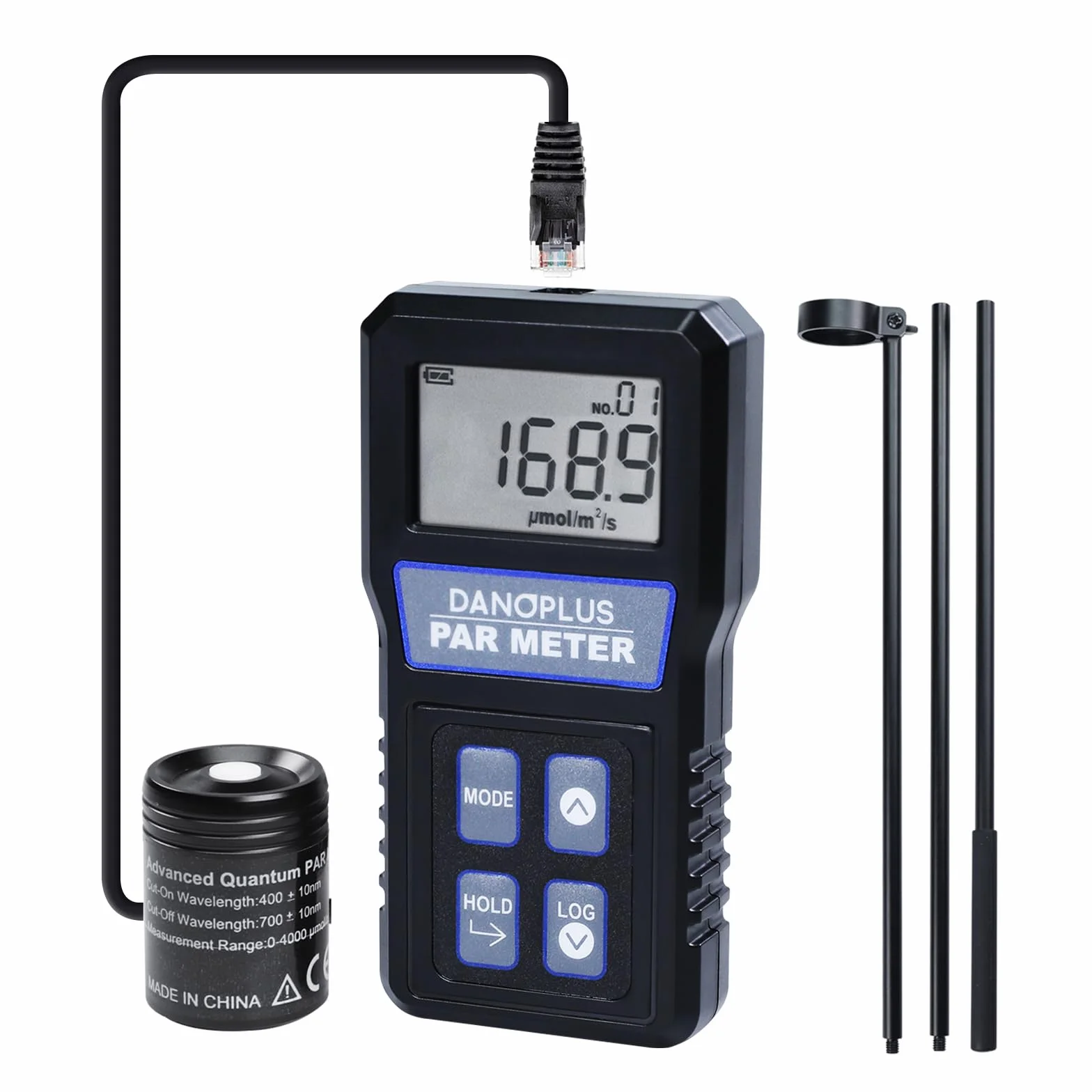 PAR Meter per acquario impermeabile IP68, intervallo spettrale 400-700nm PPFD Meter Data Logger, palo telescopico da 94 cm, cavo sensore da 79 '' incluso