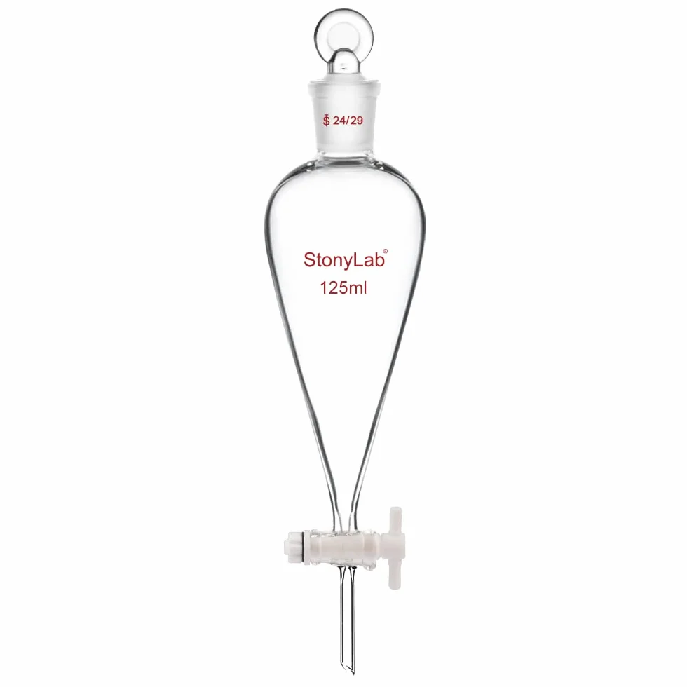 stonylab 125ml Imbuto Separatore con Rubinetto di Arresto in Vetro, Imbuto Laboratorio Conico a Forma di Pera con Parete Pesante in Vetro Borosilicato con Giunto 24/29, Separatory Funnel