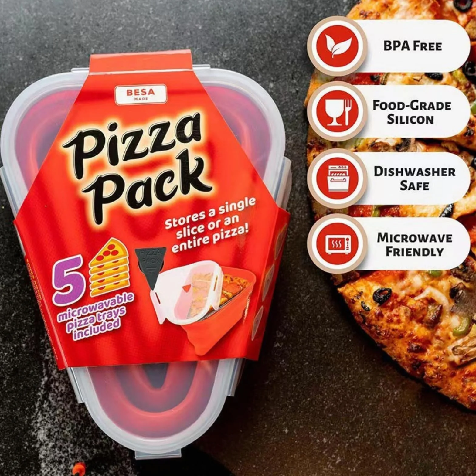 Pizzabox in silicone riutilizzabile pieghevole triangolare 25,2 cm x 19,2 cm x 10 cm