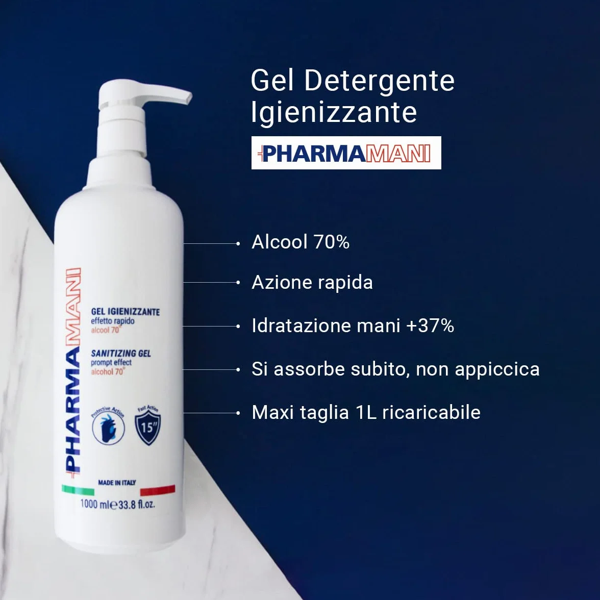Gel Igienizzante Mani 1 Litro 70% Alcool Con Dosatore