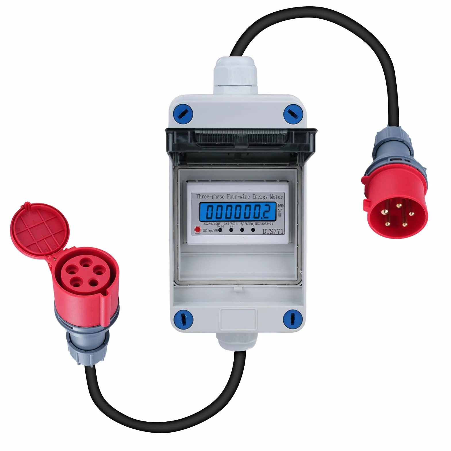 DEWIN Contatore Elettrico Digitale Mobile,Contatore 380V 32A Contatore Energia Elettrica Trifase Contatore Trifase 380V con Reset con Spina Industriale/Cavo 2m