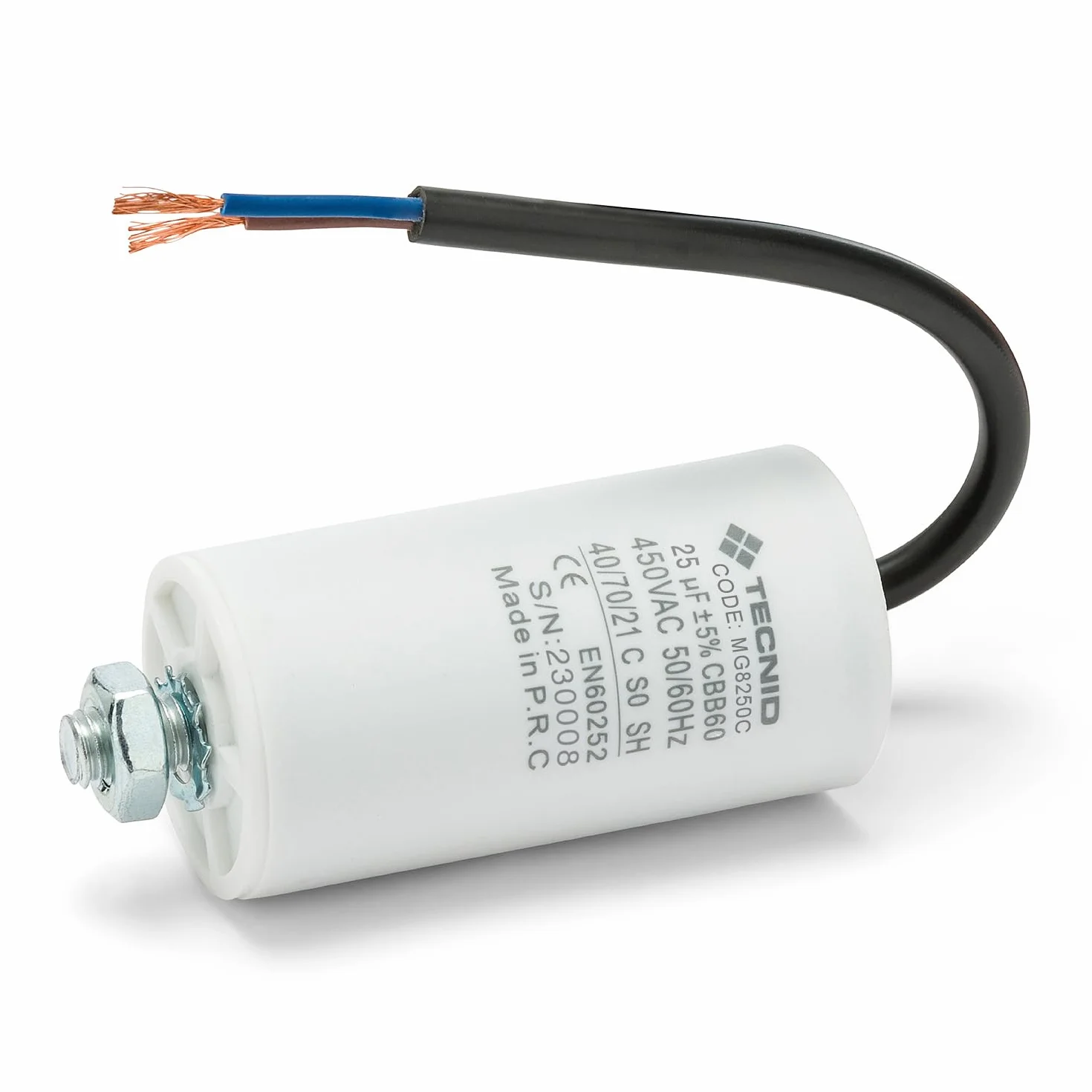 Tecnid by Velamp – Condensatore di Spunto 25µF 450V AC con Cavetto 15cm – Condensatore di Avviamento Per Motori Monofase, Compressori, Pompe, Climatizzatori