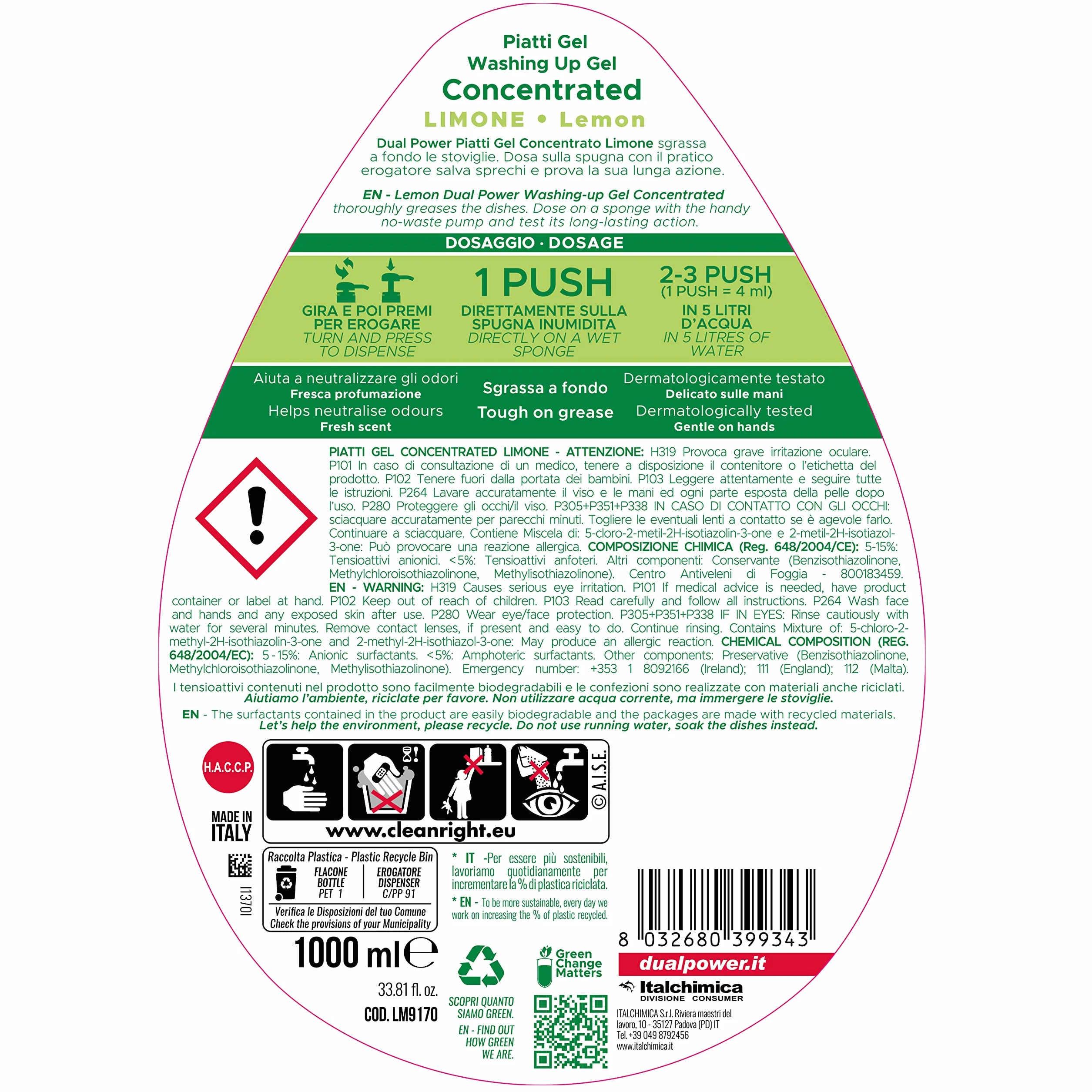 Dual Power Piatti Gel Limone, Detergente Piatti Concentrato ad Elevato Potere Sgrassante, Ideale per Stoviglie Incrostate, Azione Anti Odore, Made in Italy, 6 Dispenser da 1 L
