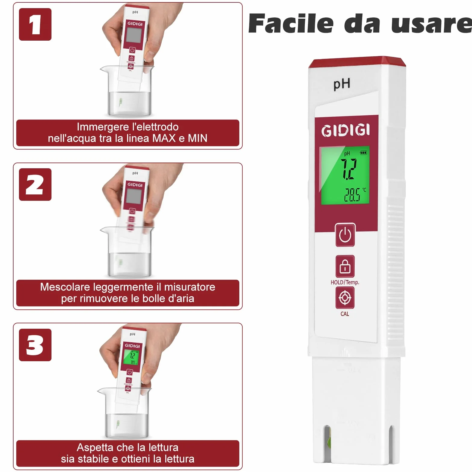 Misuratore di pH per acqua con display a colori, misuratore di pH digitale professionale, kit di calibrazione del pH analizzatore di qualità dell'acqua per piscine, terme, idroponica, acquari e