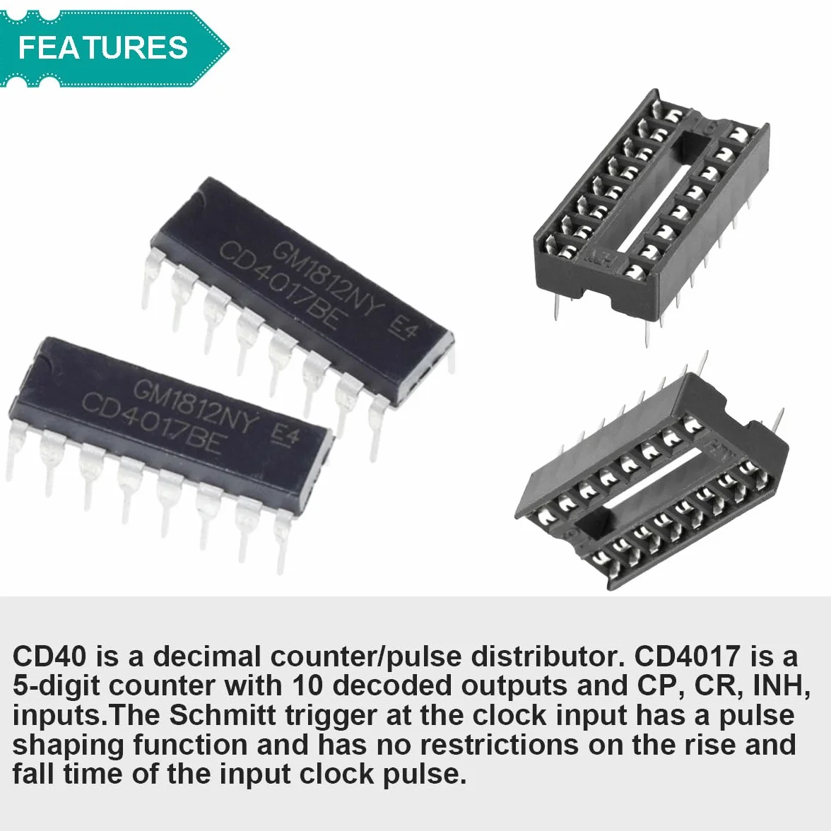 CD4017BE Contatore DIP Contatore IC Contatore decadale CMOS CD4017 Divisore DIP-16 Controllore con zoccolo DIP-16 IC per Arduino Esperimento elettronico fai da te(confezione da 20)