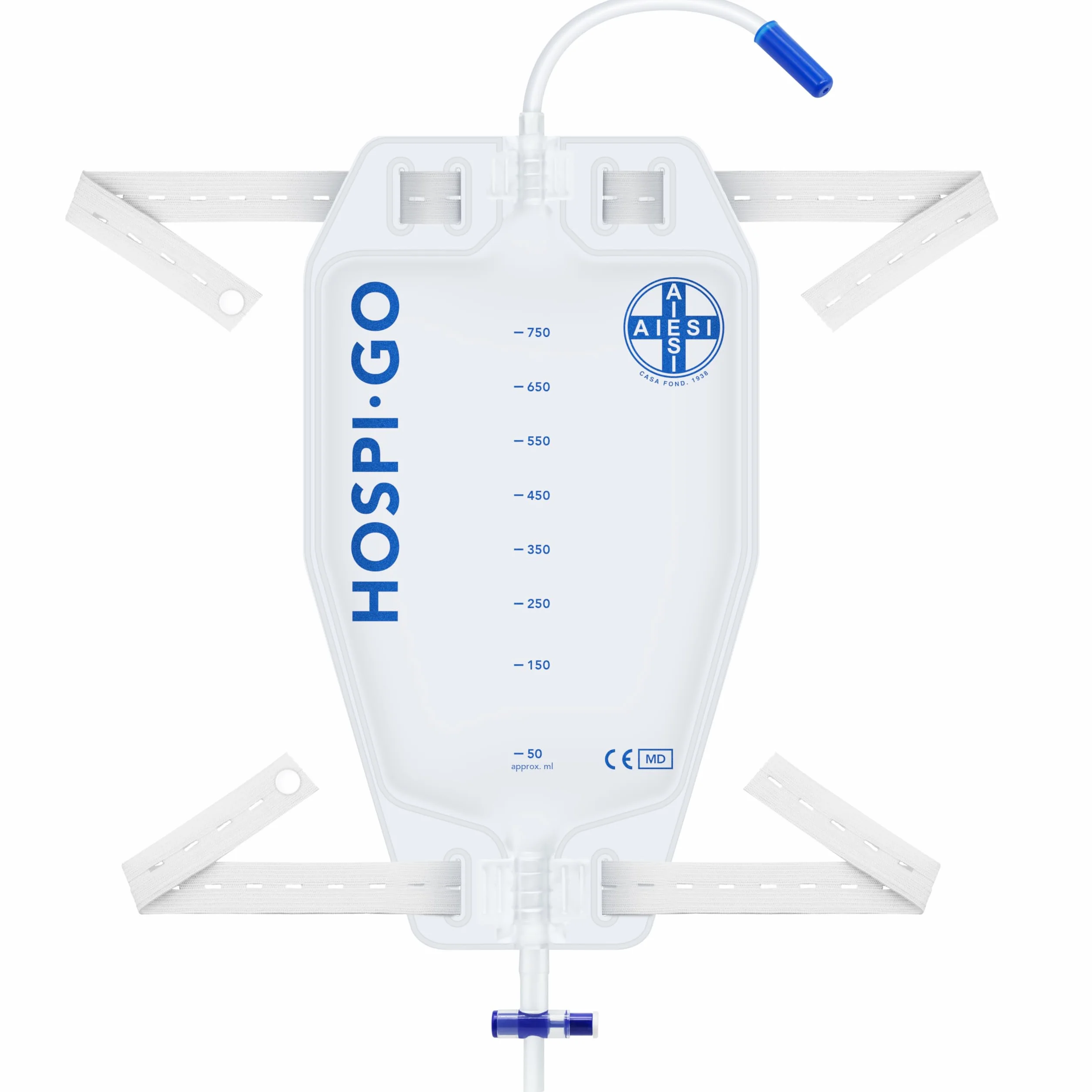 AIESI® Sacche per urina da gamba 750 ml tubo 30 cm (10 pezzi) con rubinetto di scarico a croce (T) e valvola anti-reflusso HOSPI-GO, Rivestita in TNT