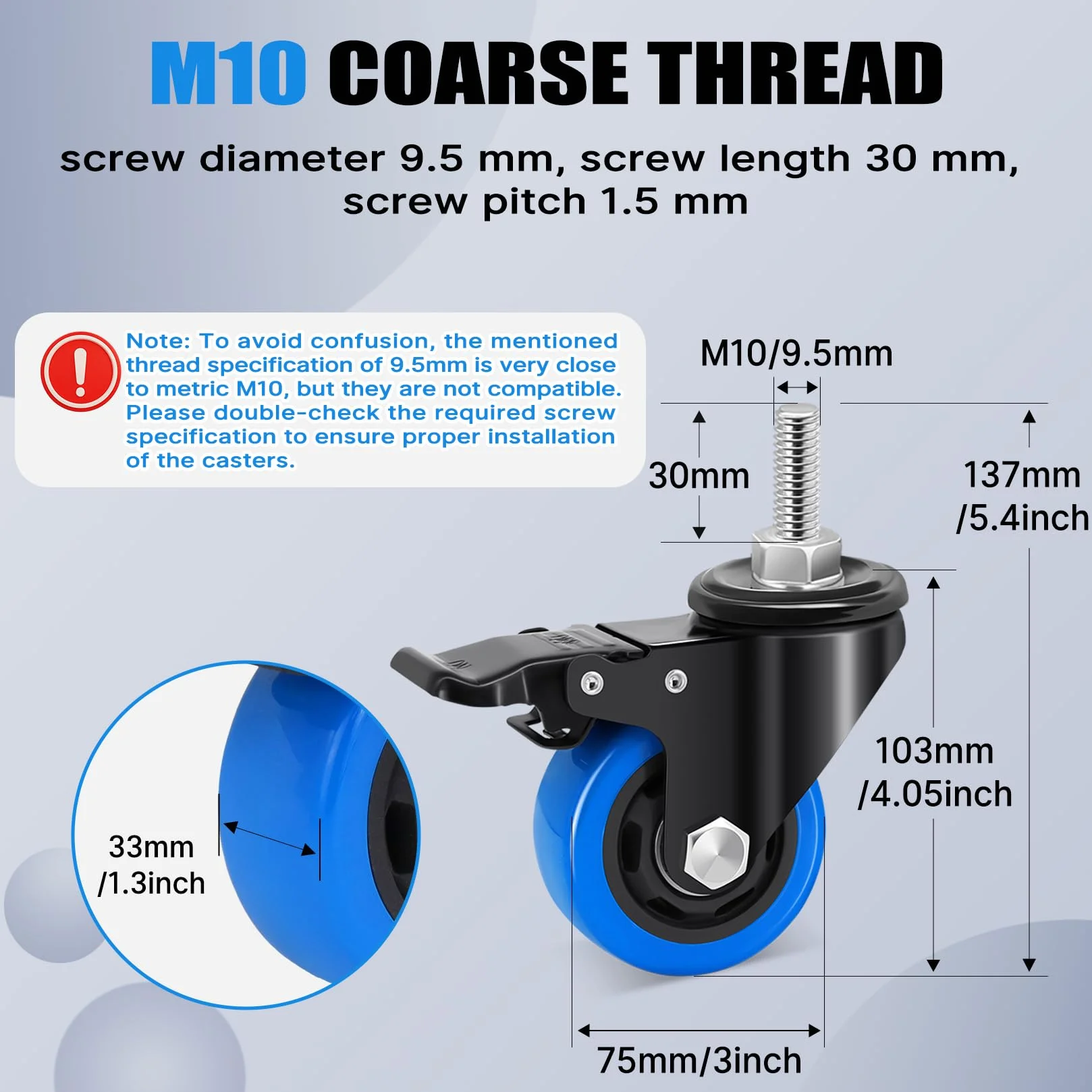 75mm Ruote per Mobili con stelo filettato M10 x 1,5x 30mm, Ruote per Carrello Carichi Pesanti Capacità 500KG, 360 Gradi Rotelle Girevoli con freno Mobili, Barbecue, Carrelli, Trasporto