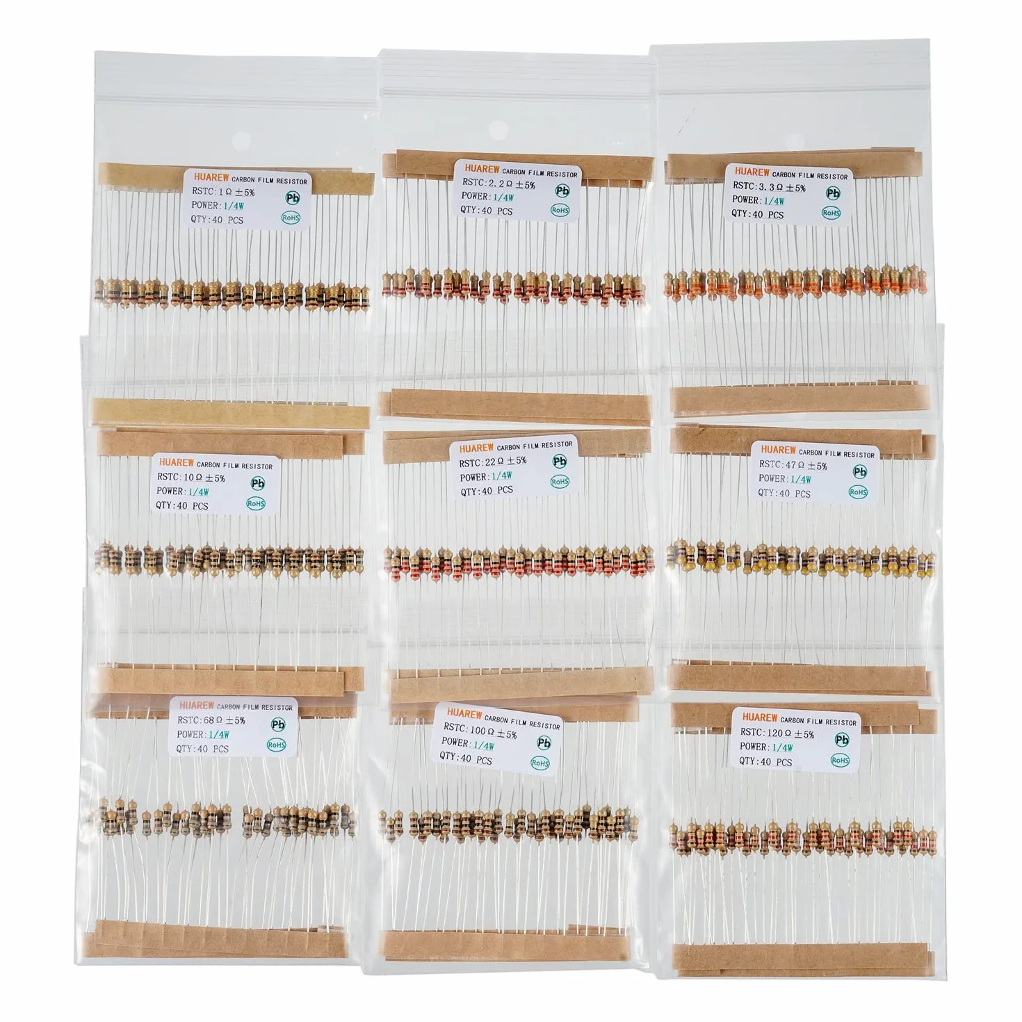 Zestaw 1000 sztuk rezystorów węglowych 1/4W 1 Ohm-1M Ohm 5% 25 wartości