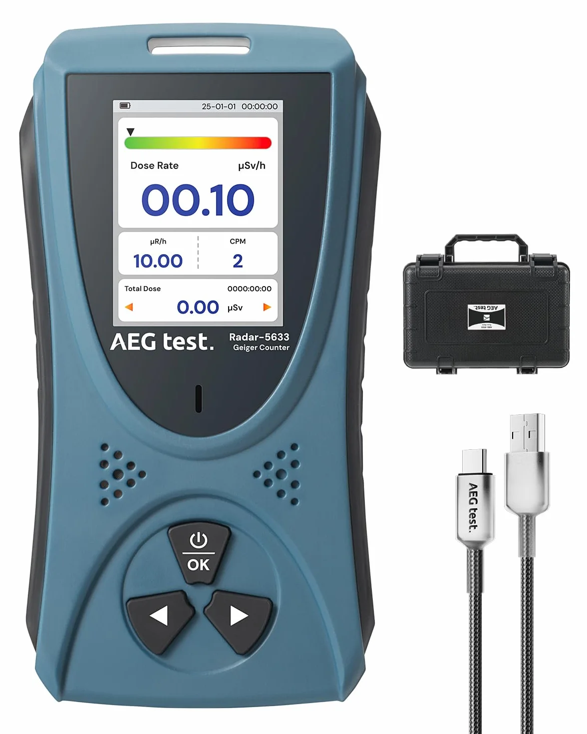 AEGTEST Contatore Geiger Radar-5633 Rilevatore Radiazioni Nucleari Schermo LCD Dosimetro Ricaricabile Beta Gamma X CPM μSv/h