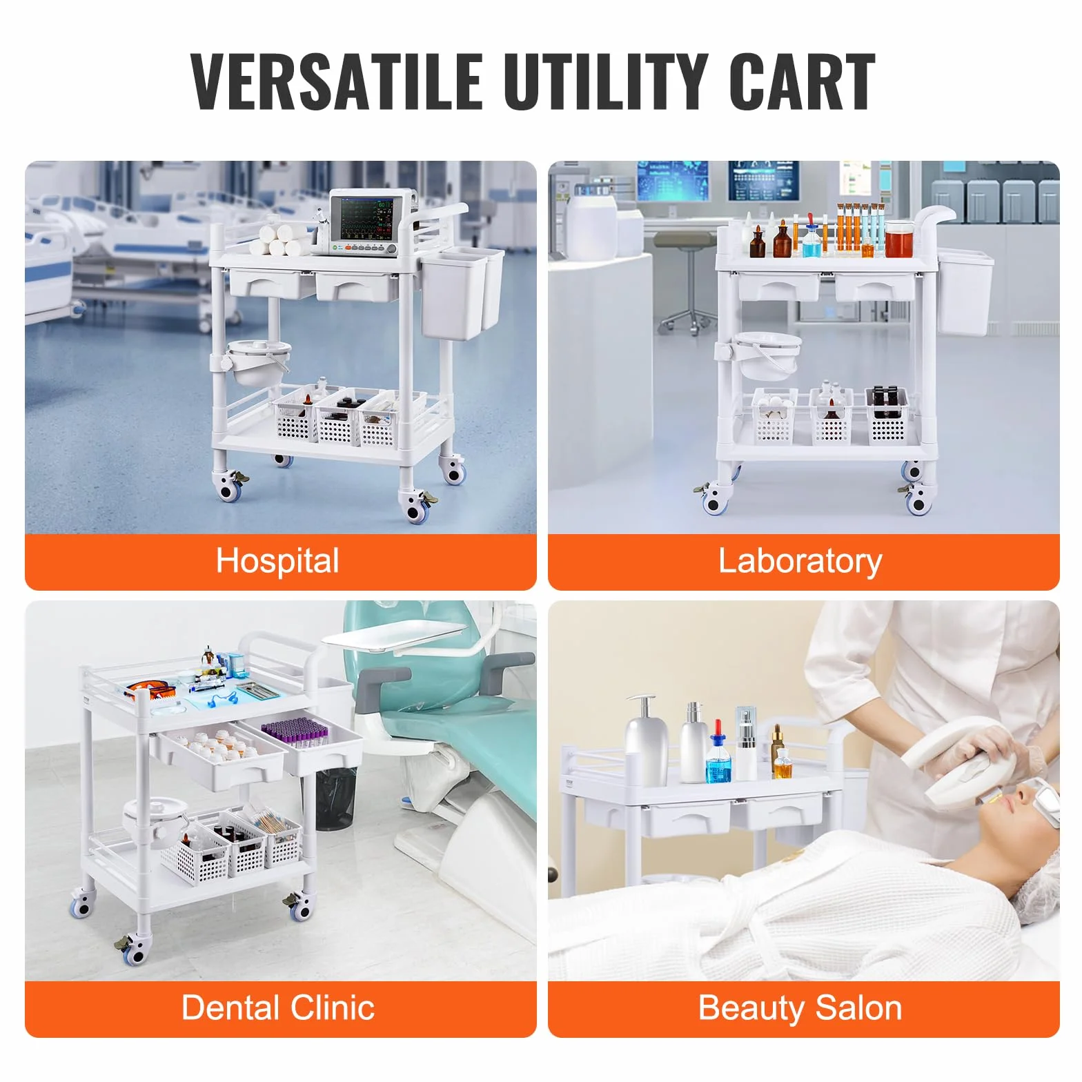 VEVOR Carrello da Laboratorio a 2 Ripiani, Mobile Medico con 2 Cassetti, 2 Vassoi, 4 Ruote, PP, 3 Contenitori