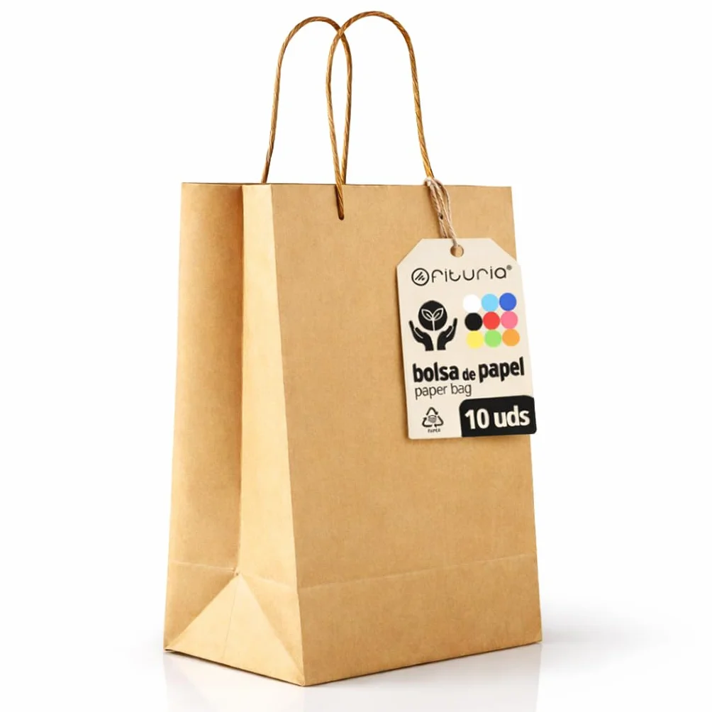 Borse di Carta Kraft M con Manici – 10 pz, Borse Resistenti e Riciclabili per Regali e Commercio – OFITURIA (24x11x32 cm, Kraft)
