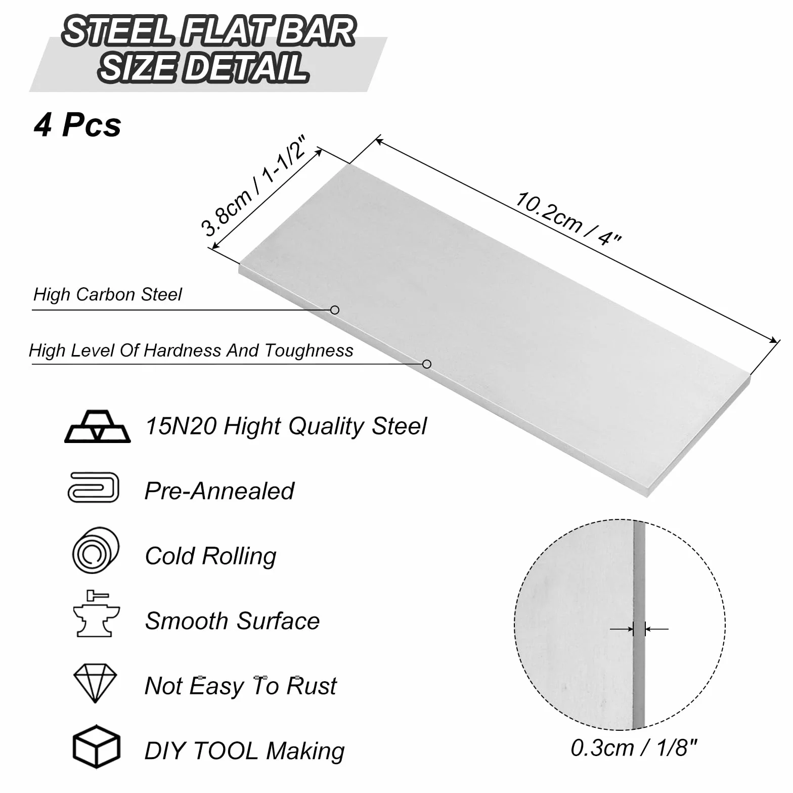 PATIKIL Acciaio 15N20 Realizzazione Coltelli 4" x 1-1/2" x 1/8" Piatto Lamiera Ricotto