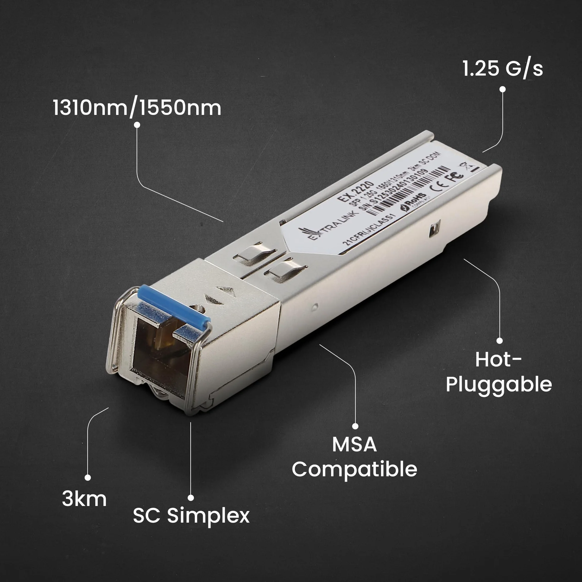 Extralink Modulo SFP WDM Singlemode 1,25G SC 1310/1550nm 3km Compatibile Ubiquiti UniFi Cisco Gigabit Ricetrasmettitore Switch Router