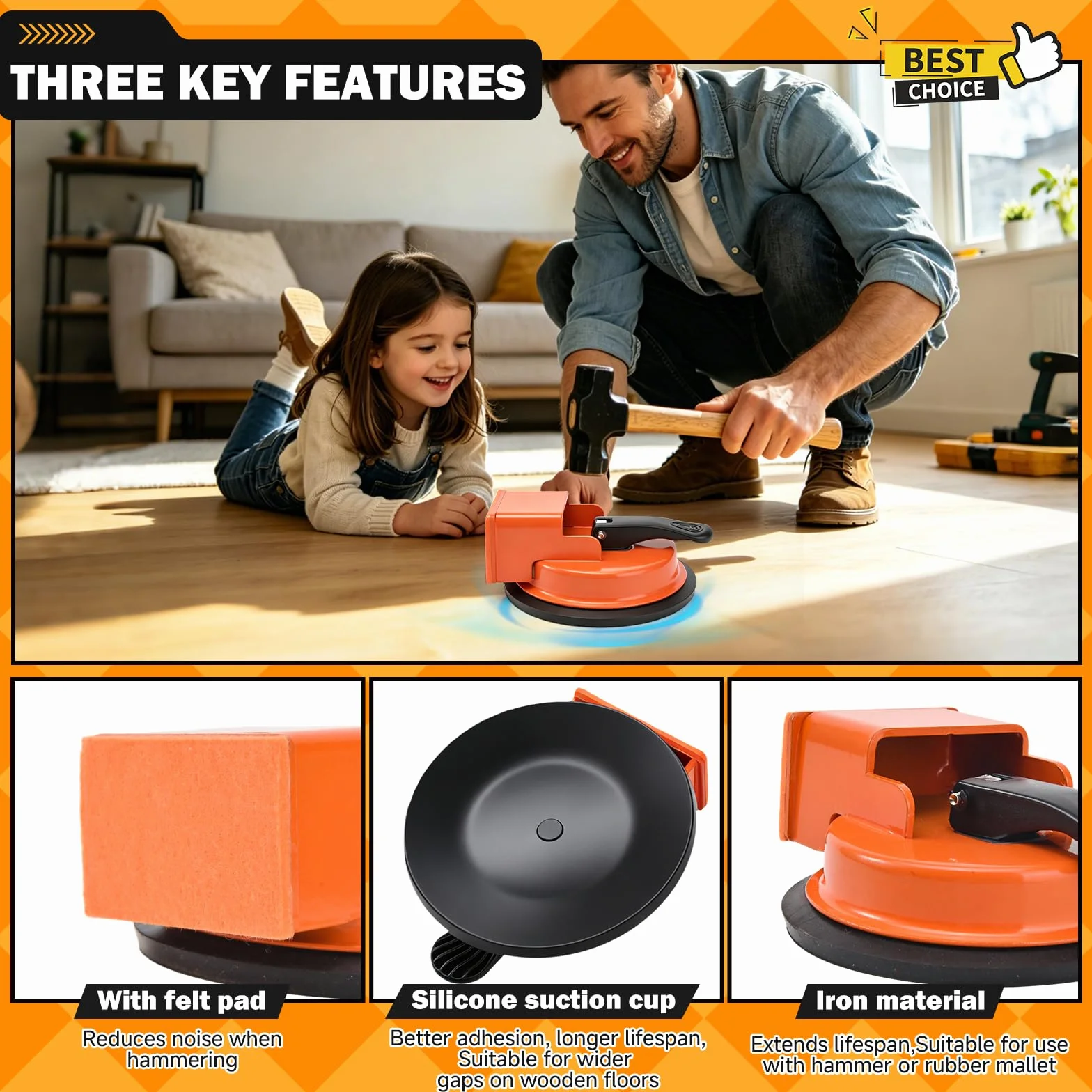 Strumento di Posa per Pavimenti in Laminato con Ventosa, Kit Riparazione Pavimenti con Ventosa – Attrezzo per Chiudere Fessure Pavimento, ad alta presa, per Laminato, Vinile, Parquet