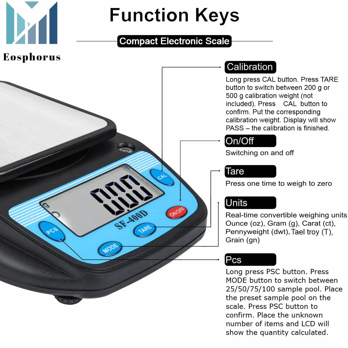 Eosphorus Bilancia Digitale di Alta Precisione 600g/0,01g con Piatto Quadrato, Bilancia Professionale per Laboratorio, Gioielleria e Monete, Funzione Tara, Doppia Alimentazione USB/AC