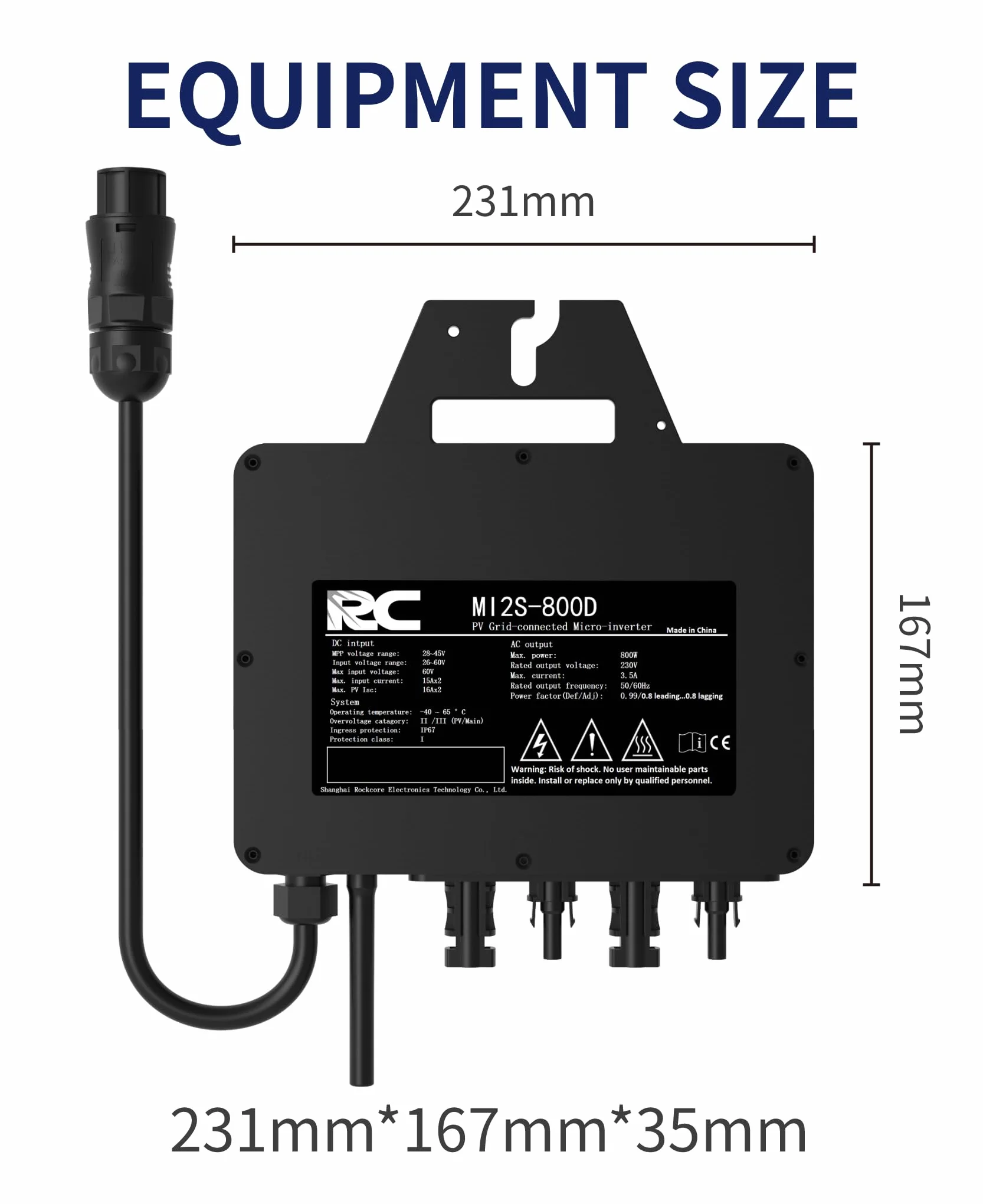 RC Invertere Micro 800W, Certificato CE, Gamma di Ingresso CC 26-60 V, Inverter Solare MPPT, Controllo dell’app tramite Wi-Fi, Adatto per Sistemi Solari su Balconi, IP67