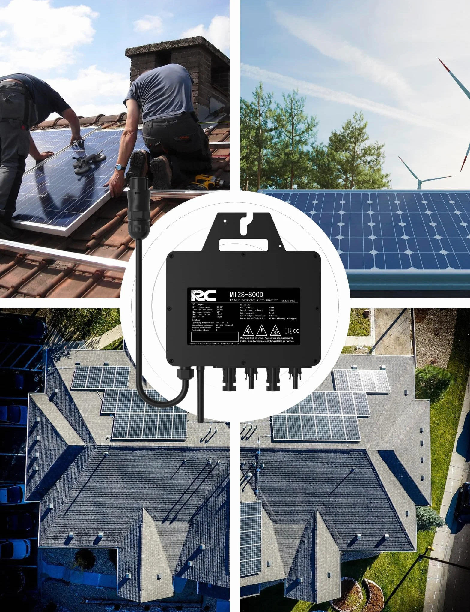 RC Invertere Micro 800W, Certificato CE, Gamma di Ingresso CC 26-60 V, Inverter Solare MPPT, Controllo dell’app tramite Wi-Fi, Adatto per Sistemi Solari su Balconi, IP67