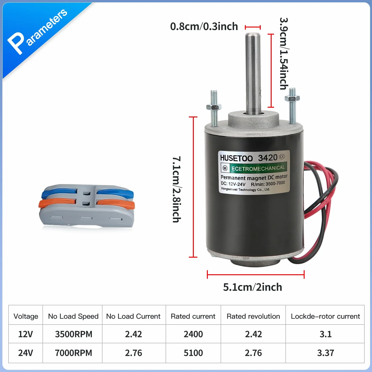 Motore CC ad alta coppia 12V/24V, Motore silenzioso a magneti permanenti con connettore per cavi per progetti fai-da-te,30W CW/CCW 3500/7000RPM(Asse di rotazione allungato)