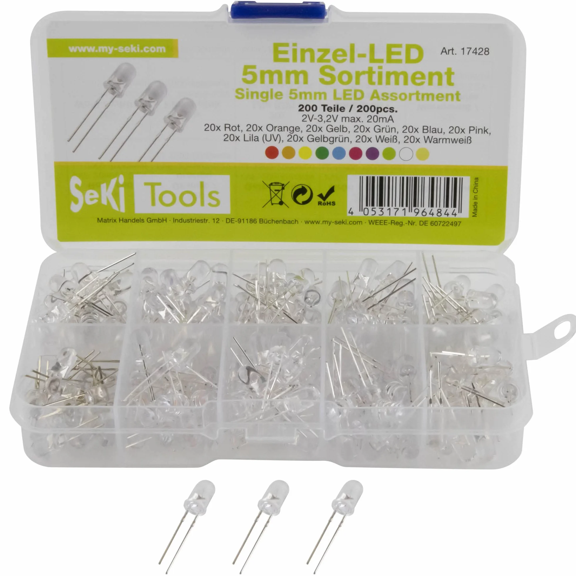 SeKi Assortimento LED con 200 diodi luminosi da 5 mm, 10 valori, rosso, arancione, giallo, verde, blu, rosa, viola (UV), giallo, verde, bianco, bianco caldo, super luminoso