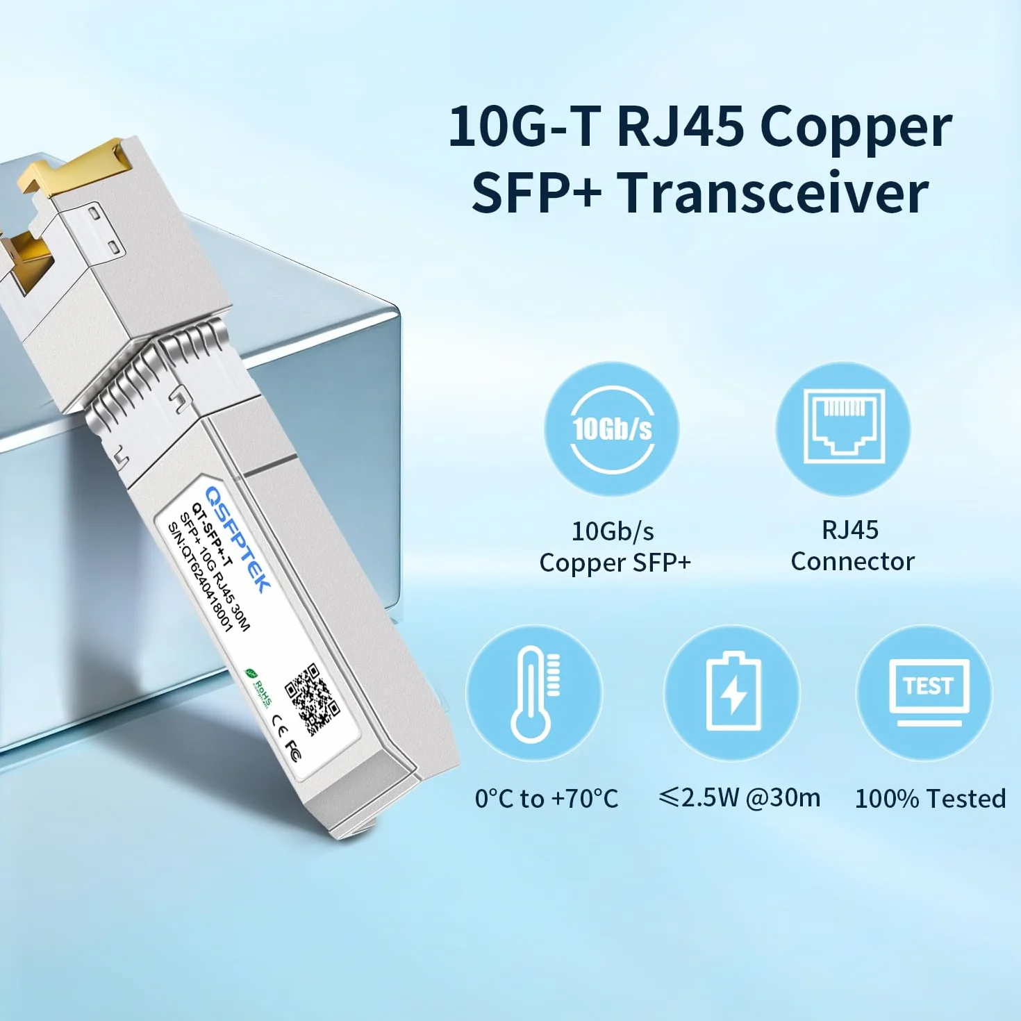 QSFPTEK 2Pack 10GBase-T RJ45 SFP+ Transceiver 30m 1.25/2.5/5/10G-T Modulo per Cisco SFP-10G-T-S, Ubiquiti UF-RJ45-10G, Mikrotik, Supermicro