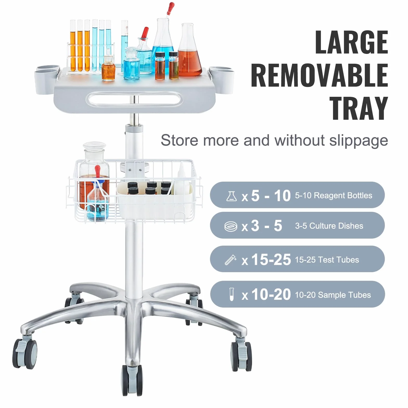 VEVOR Carrello medico regolabile in altezza 26,77"-42,91" con rotelle per laboratorio clinica