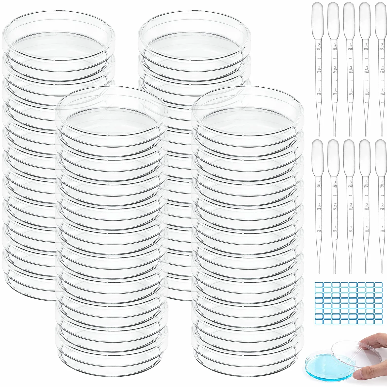 JNZLT 40 Pezzi Petri Dishes, Piastra Petri in Plastica Piastra Dish Sterile Trasparente con 10 Contagocce in Plastica e 1 Adesivo, per laboratori e uffici