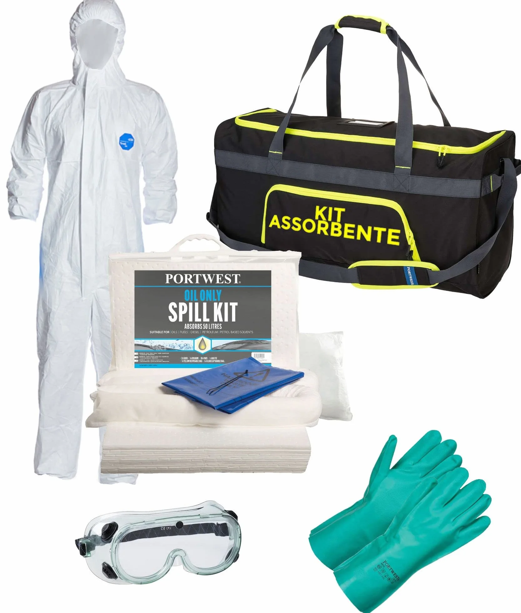 Kit prodotti assorbenti per oli Safemax, borsone in poliestere con prodotti di emergenza per sversamenti oleosi - potere assorbenza fino 50 lt