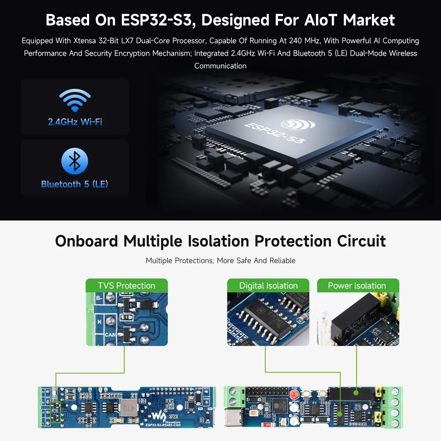 Waveshare Industrial ESP32-S3 Control Board with RS485 and CAN Communication Interfaces, Wi-Fi/Bluetooth Support, Built-in Multiple Protection Circuits