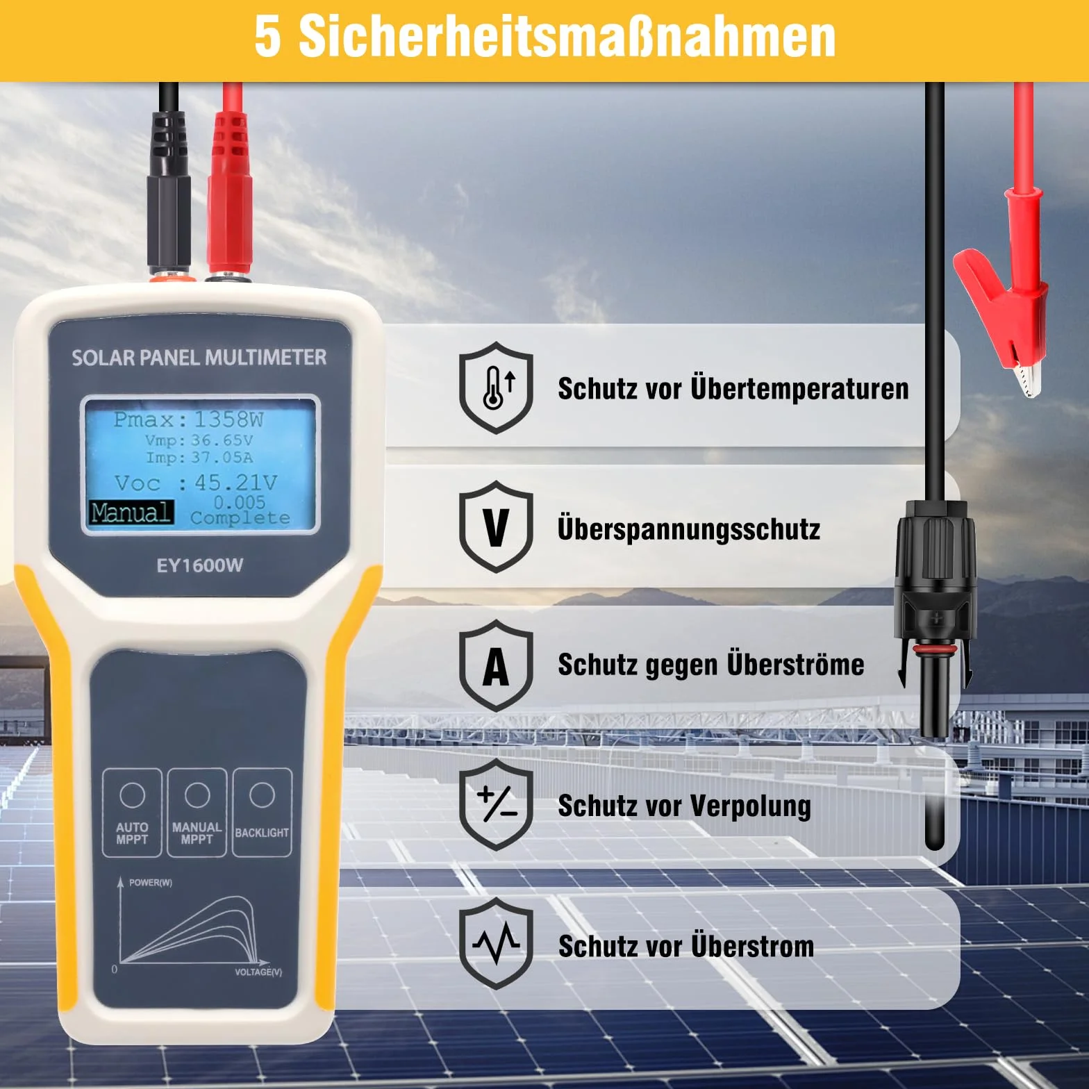 Tester solare EY1600 W, installazione, misuratore tensione vuoto, rilevamento MPPT, display LCD